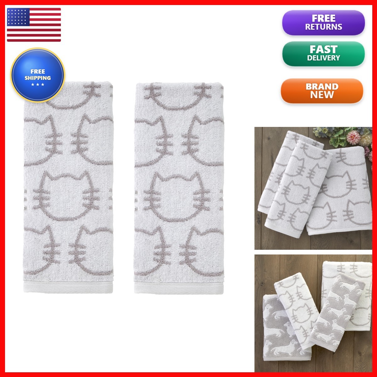 SKL Home Cat Hand Towel Set 2pc 100% Cotton Reversible White/Gray