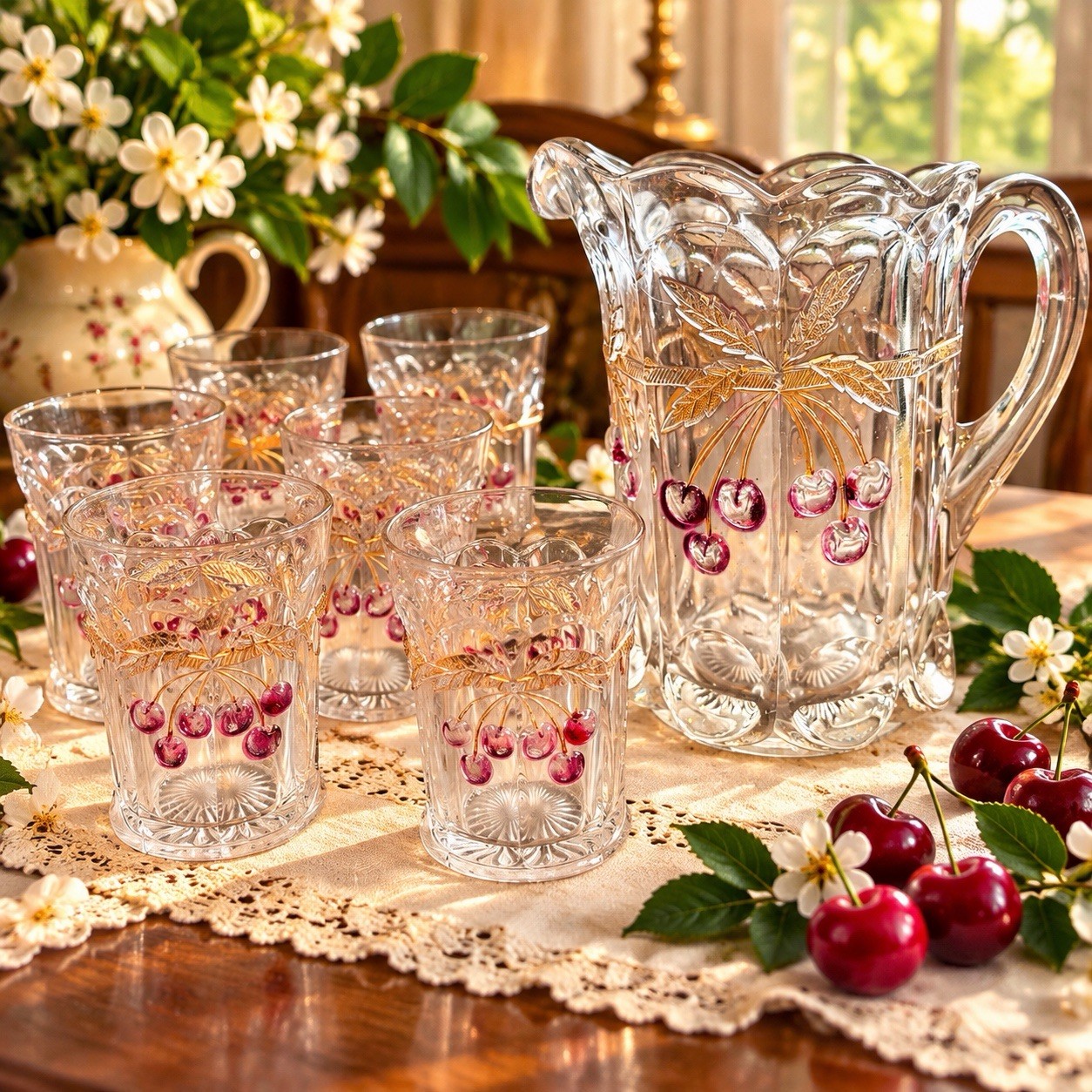 Antique EAPG Northwood “Cherry And Cable” Water Set- Pitcher&6 Tumblers-Signed