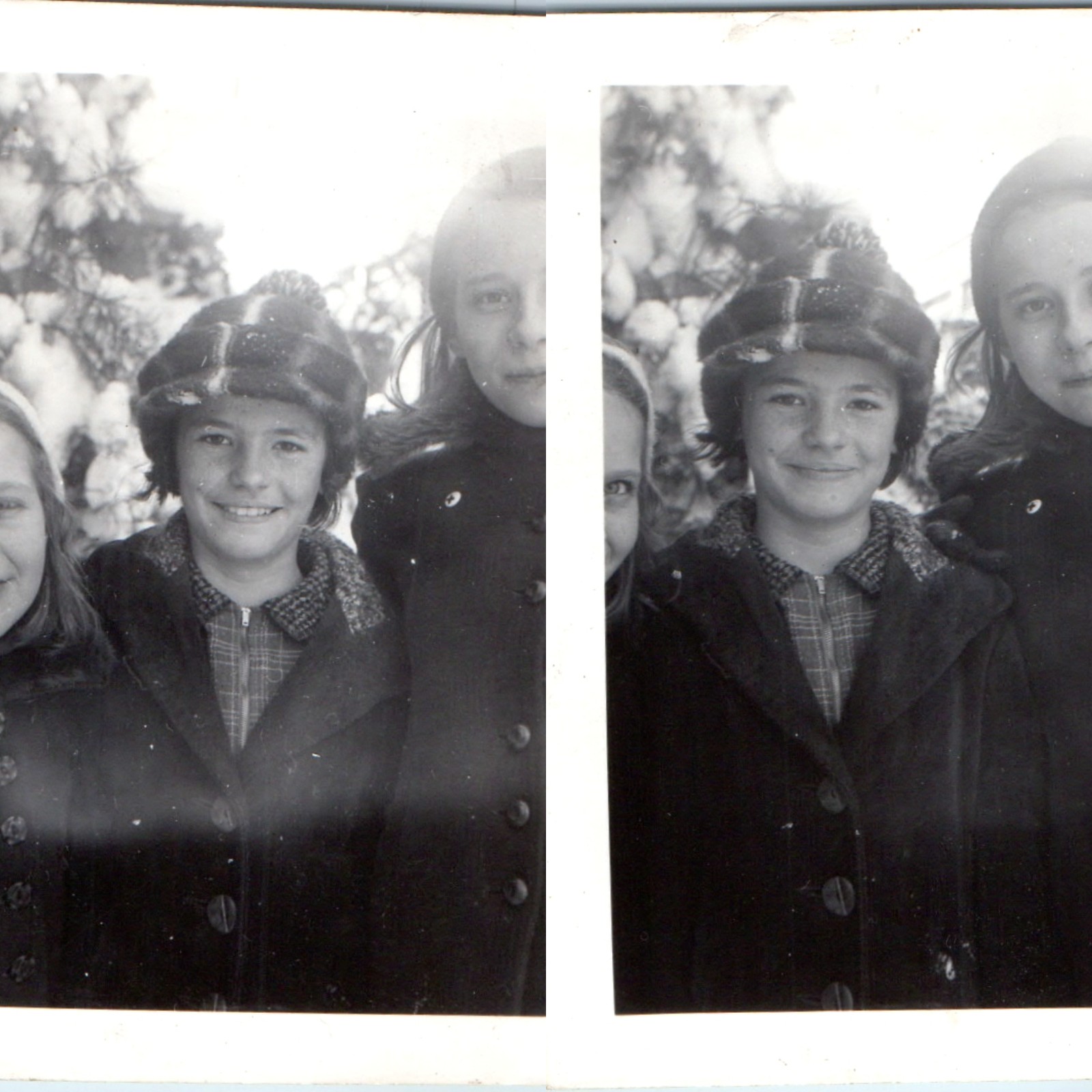 x2 LOT c1940s Cute Girls Plaid Winter Hat Coats Snowy Evergreen Snapshot 3.5\