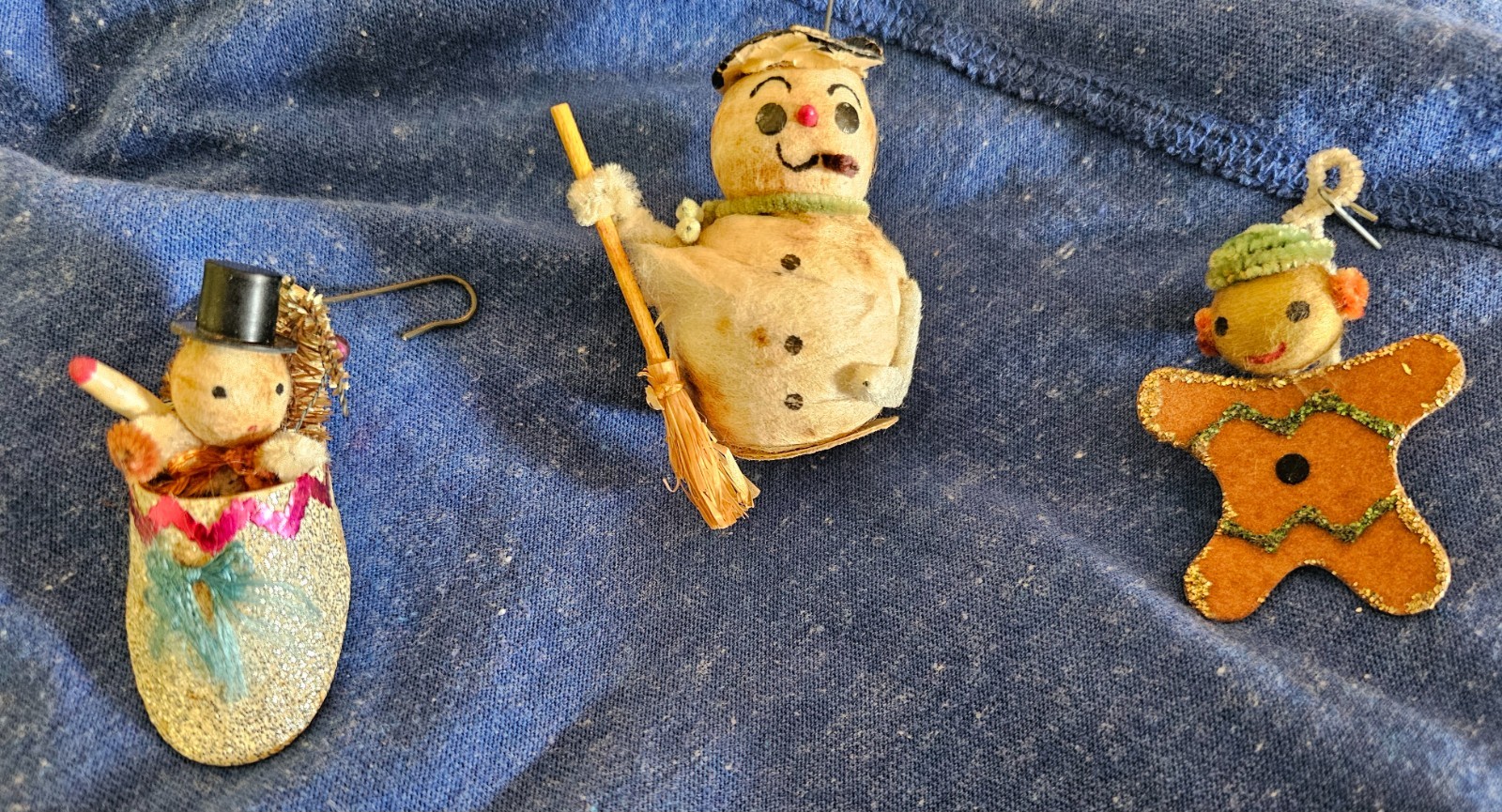 Lot 3 vtg 1940\'s Christmas ornaments mica glitter pipecleaners spun cotton Japan