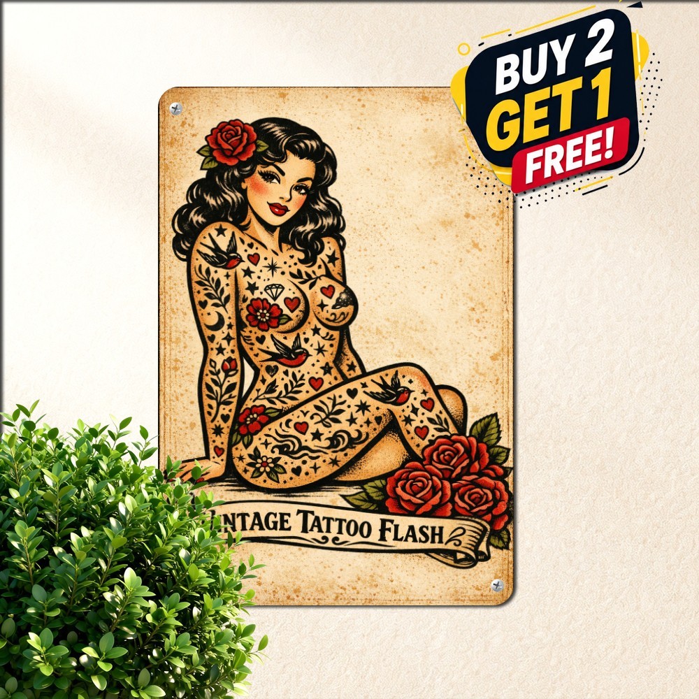 Classic Tattooed Lady Artwork Tin Sign Aesthetic Ink Lounge Metal Plaque 8x12