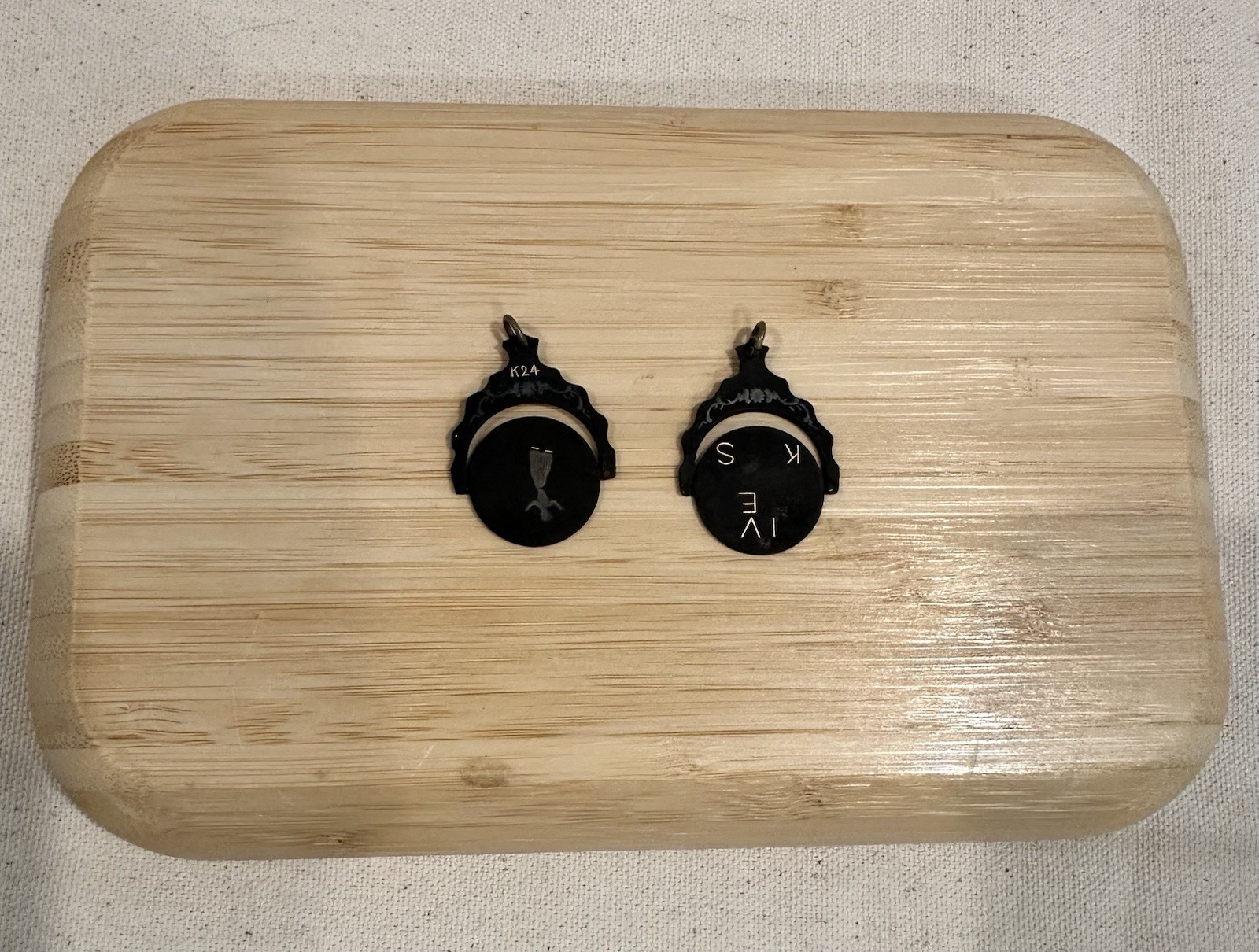 Antique LUX Free Mason Masonic Spinning Fob Pendants Damascene Black Finish pair