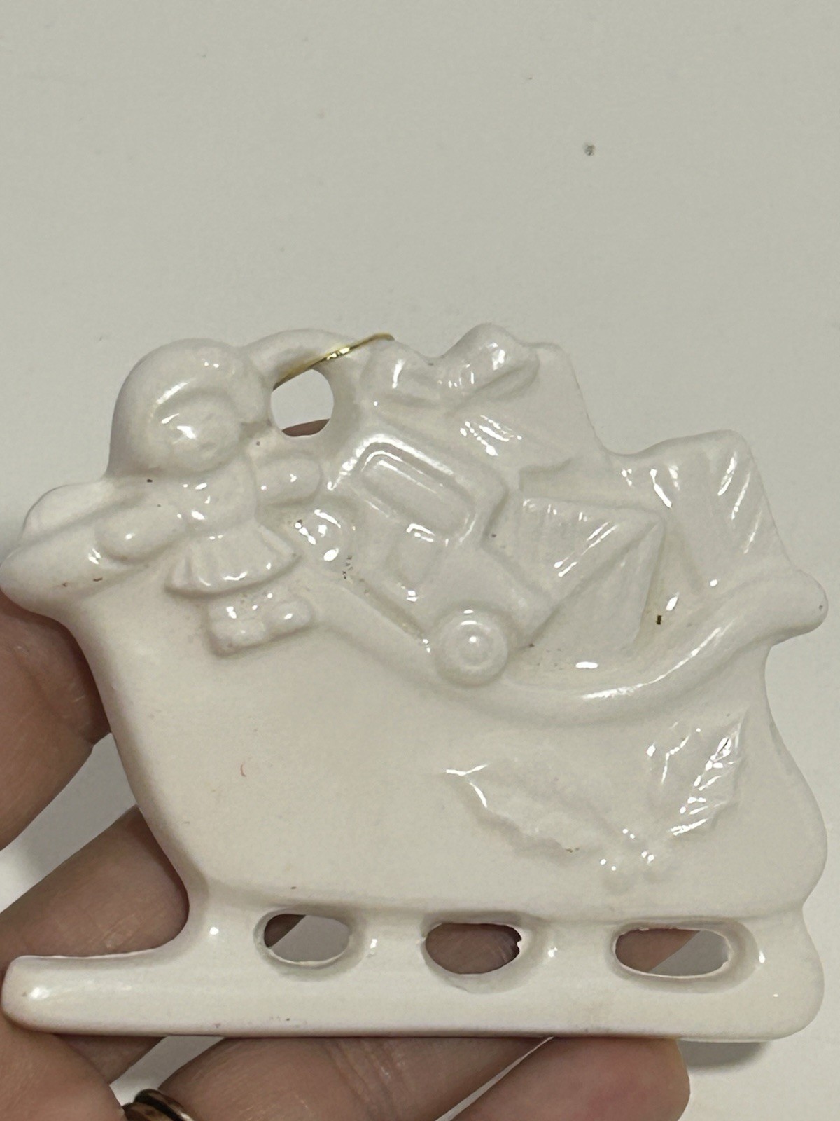 Vintage 1990s Monochromatic White Porcelain Santa\'s Sleigh Christmas Ornament