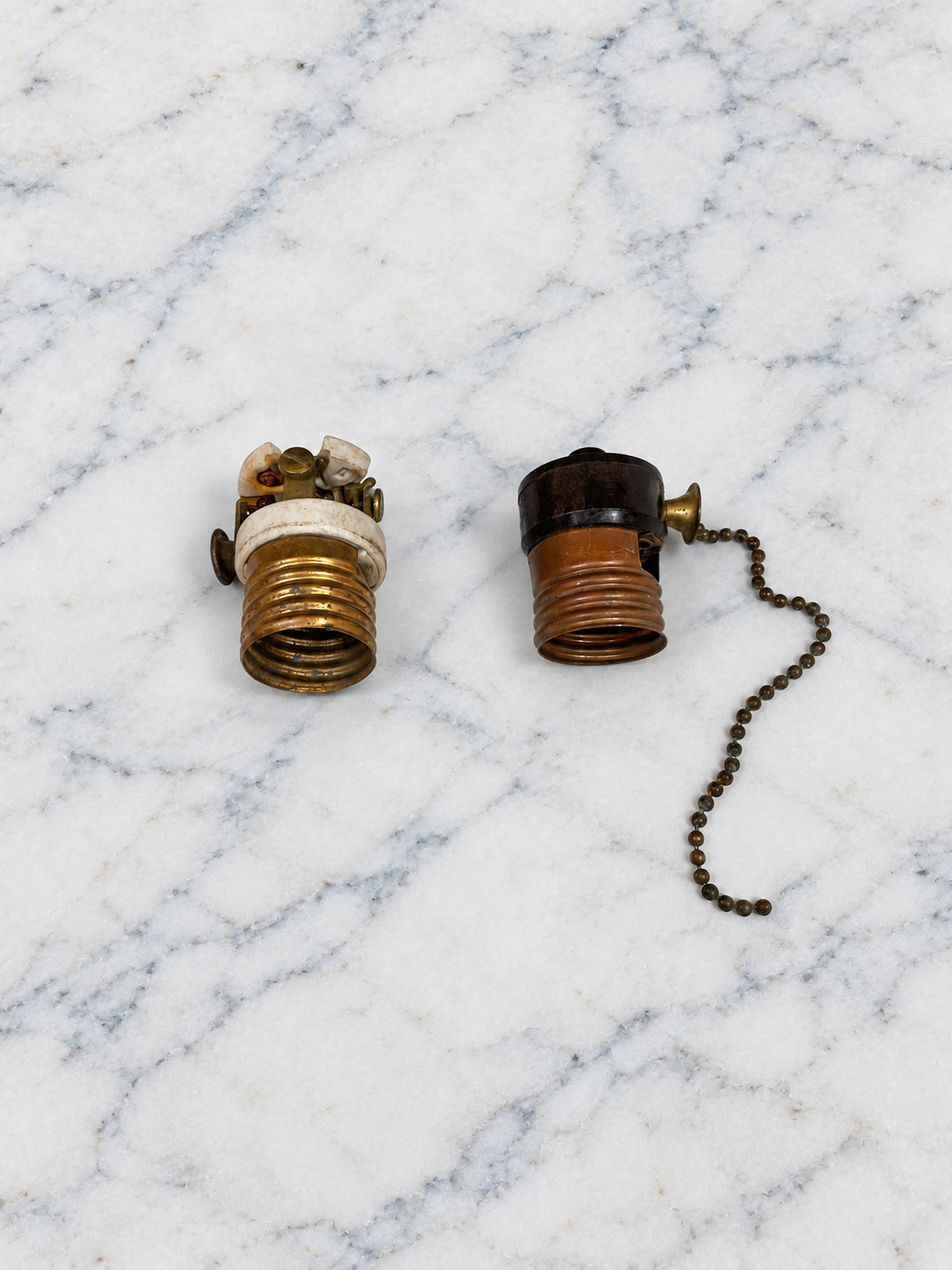 2 Vintage Lamp Light Sockets Pull Chain Bakelite Porcelain Brass Parts Repair