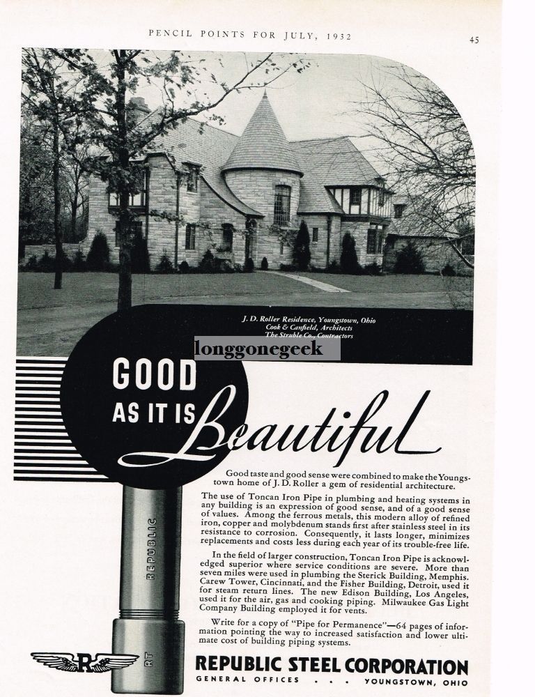 1932 Republic Steel Co.Toncan Iron Pipe Beautiful House Vintage Ad 