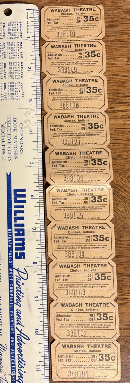 10 Vintage Wabash Theatre Tickets Clinton IN, .35 Admission