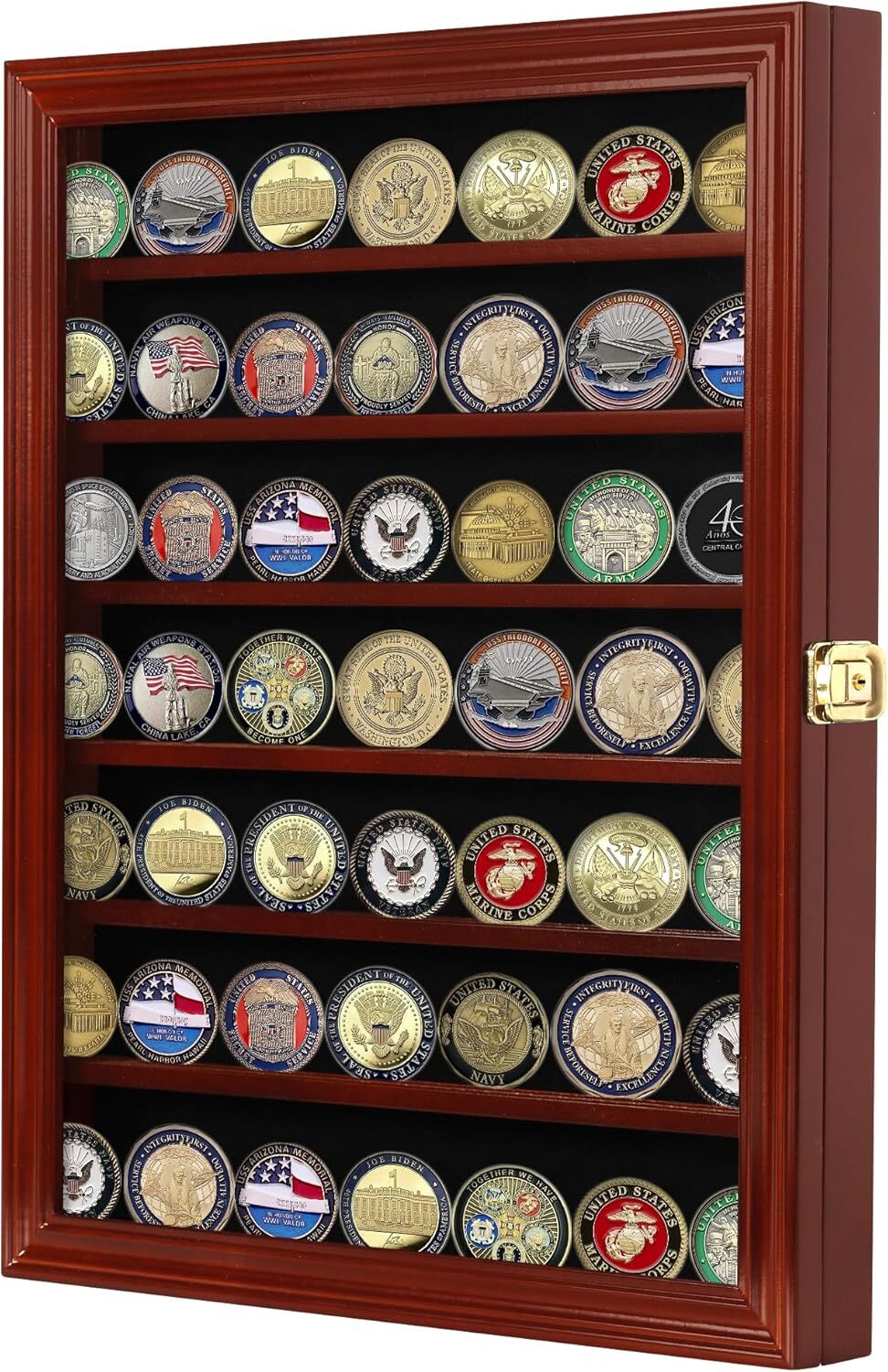 Premium Lockable Challenge Coin Display Case - Mahogany Finish. Wall Mountable
