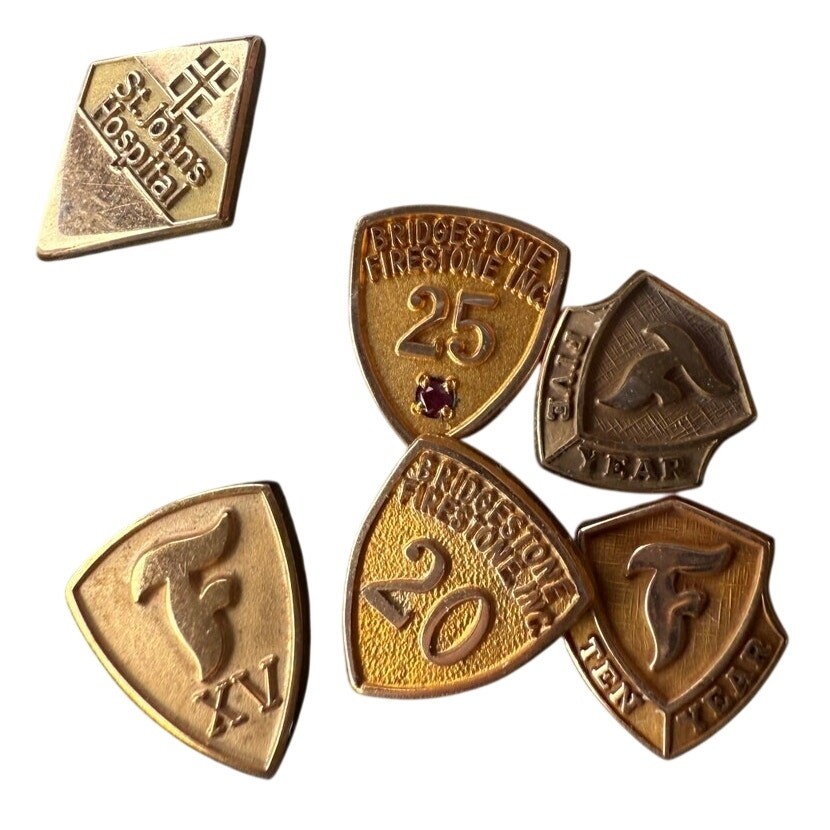Lot of 6 Vintage Service Award Lapel Pins 1/10 10K GF Firestone + St Johns