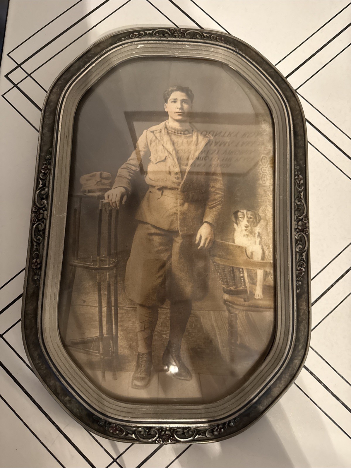 Antique WWI US Army Soldier And Dog Photo Convex Bubble Glass Rounded Rectangle