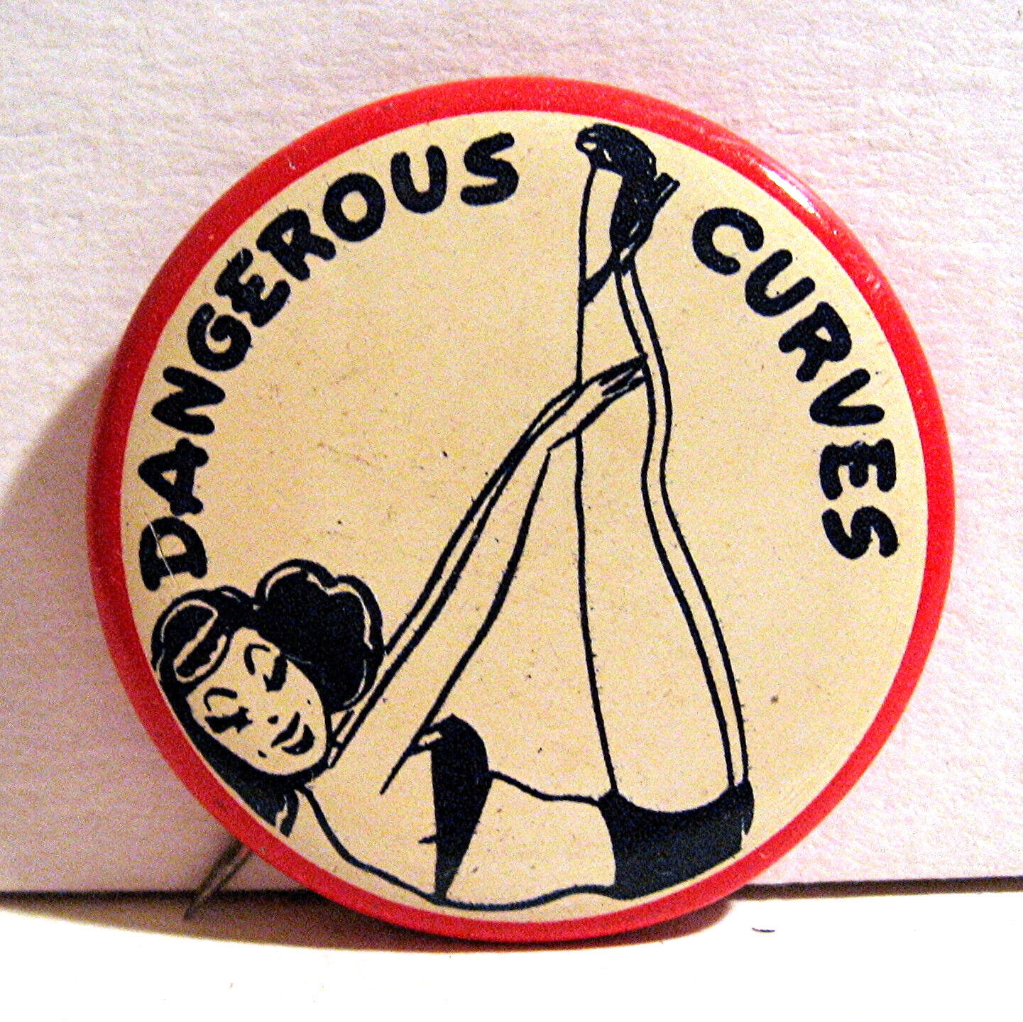 Vintage 1940-1950's Dangerous Curves Novelty Funny Pinback Button Old Stock