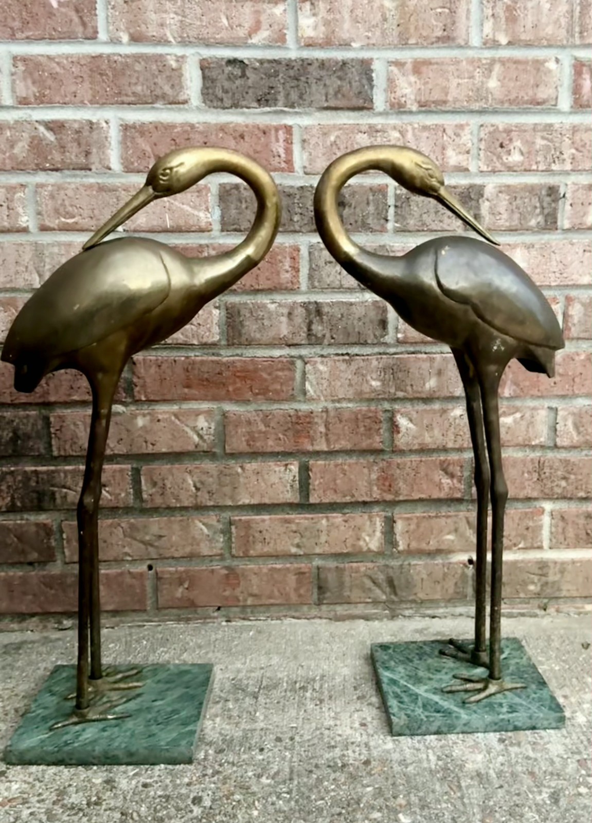 Vintage MCM Brass Heron Crane Sculptures – Pair – Green Marble Bases – 24”