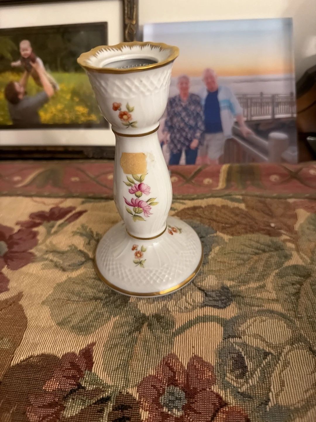 Vintage Hollohaza Hungary Porcelain Candlestick with Floral Design