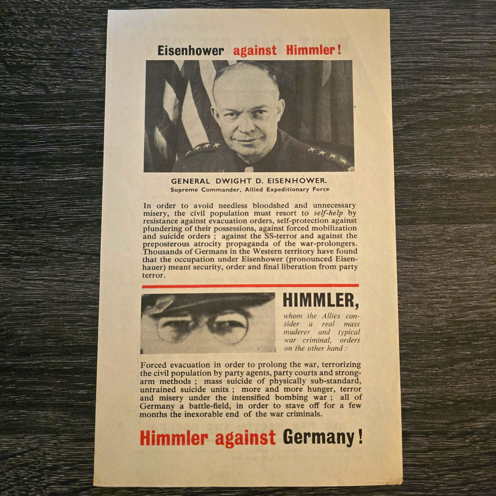 WWII Allied Propaganda Leaflet WG.28 Eisenhower Against Himmler 1945 SHAEF