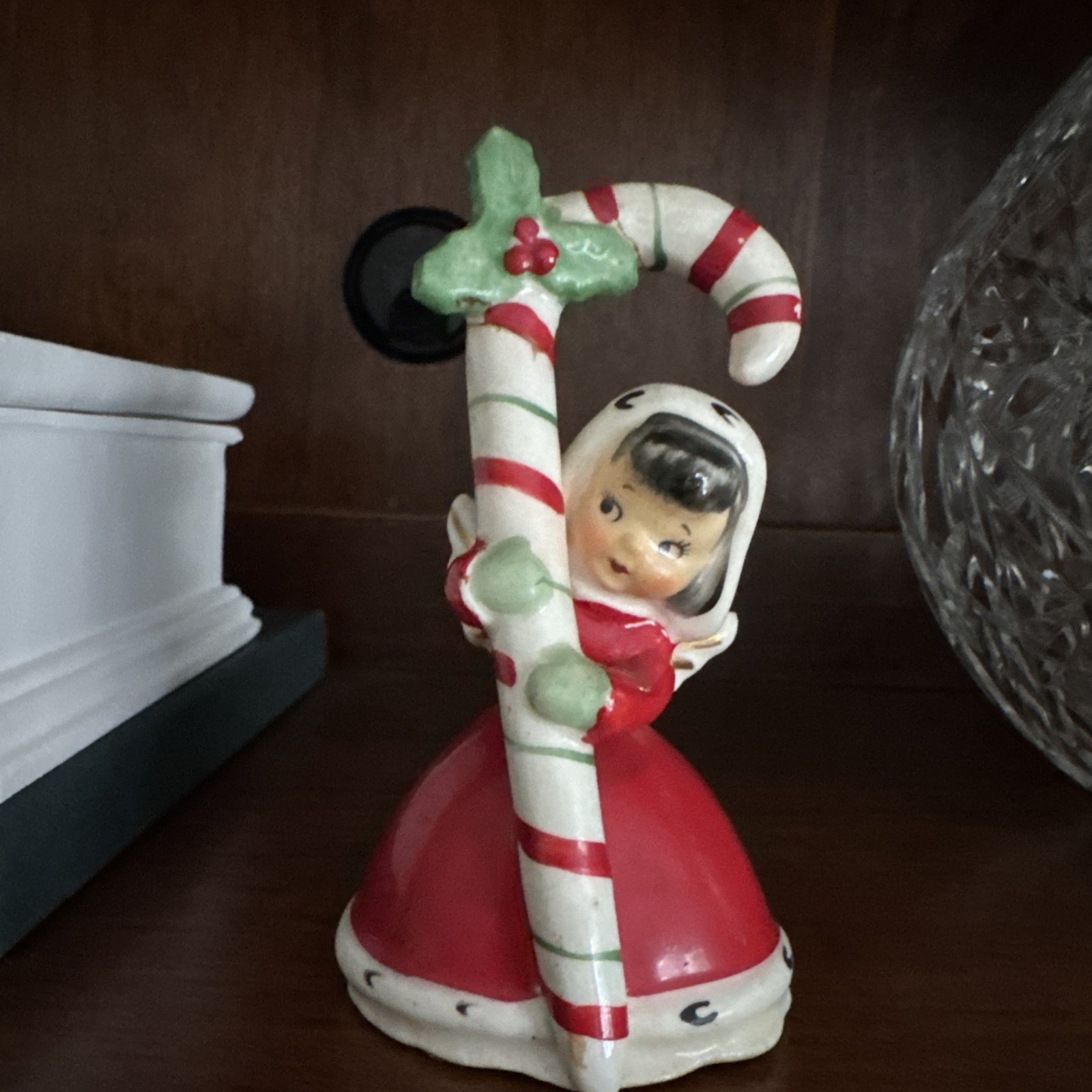 Vintage Napco Ceramic Christmas Candy Cane Girl Kid Figurine/Ornament