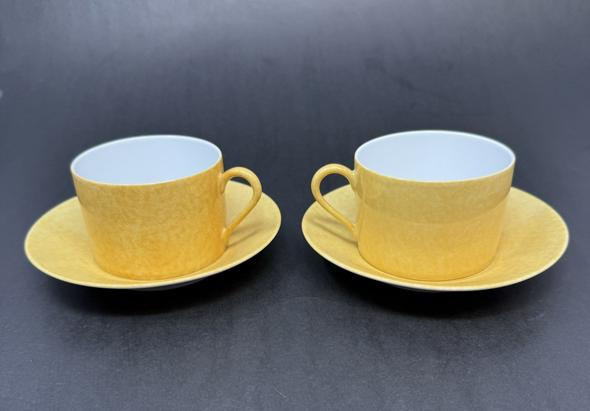 2 Laure Japy Les Mouchetés Yellow Cups and Saucers Set of Two Limoges