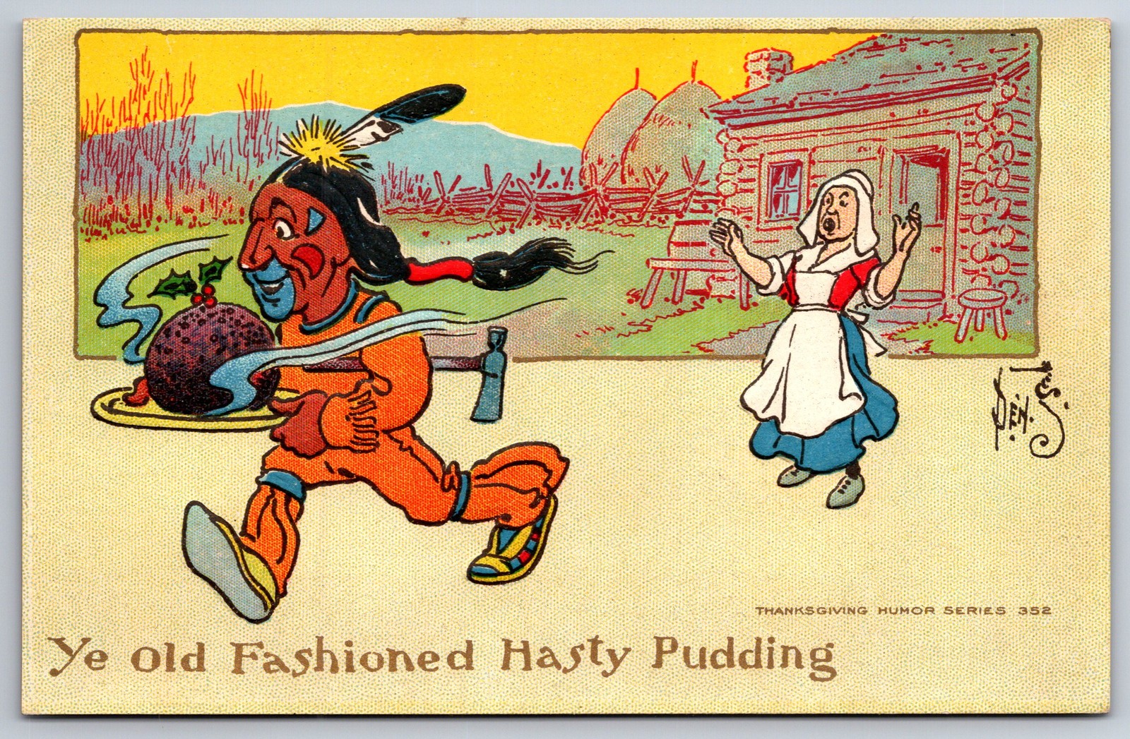 WW Denslow Thanksgiving Comic Pun~Indian Grabs Ye Hasty Plum Pudding~Gold AMP   