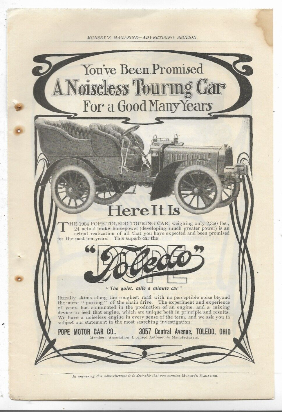 TOLEDO TOURING CAR POPE MOTOR WAVERLEY ELECTRIC 1904 MUNSEY\'S MAGAZINE Print Ads