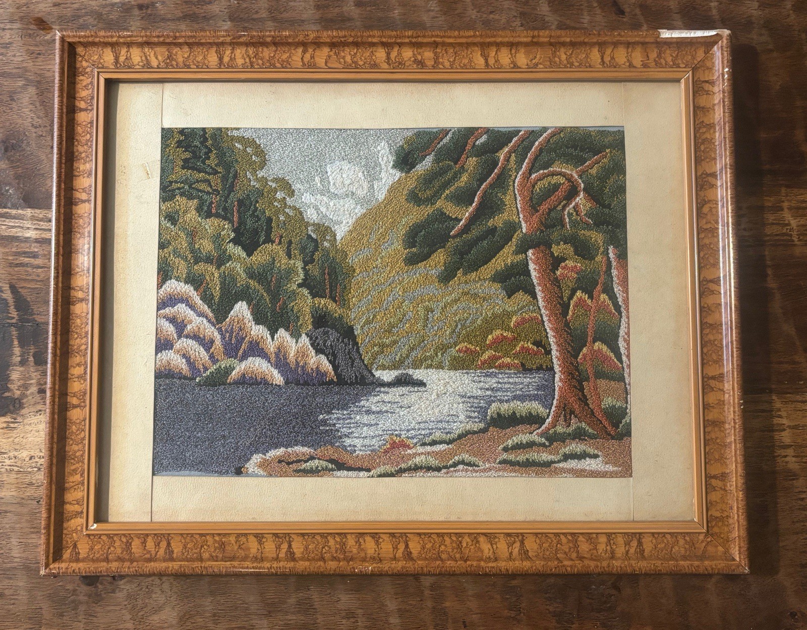 Vintage Mid Century Japanese Bunka Shishu Embroidery Yarn Painting Landscape •
