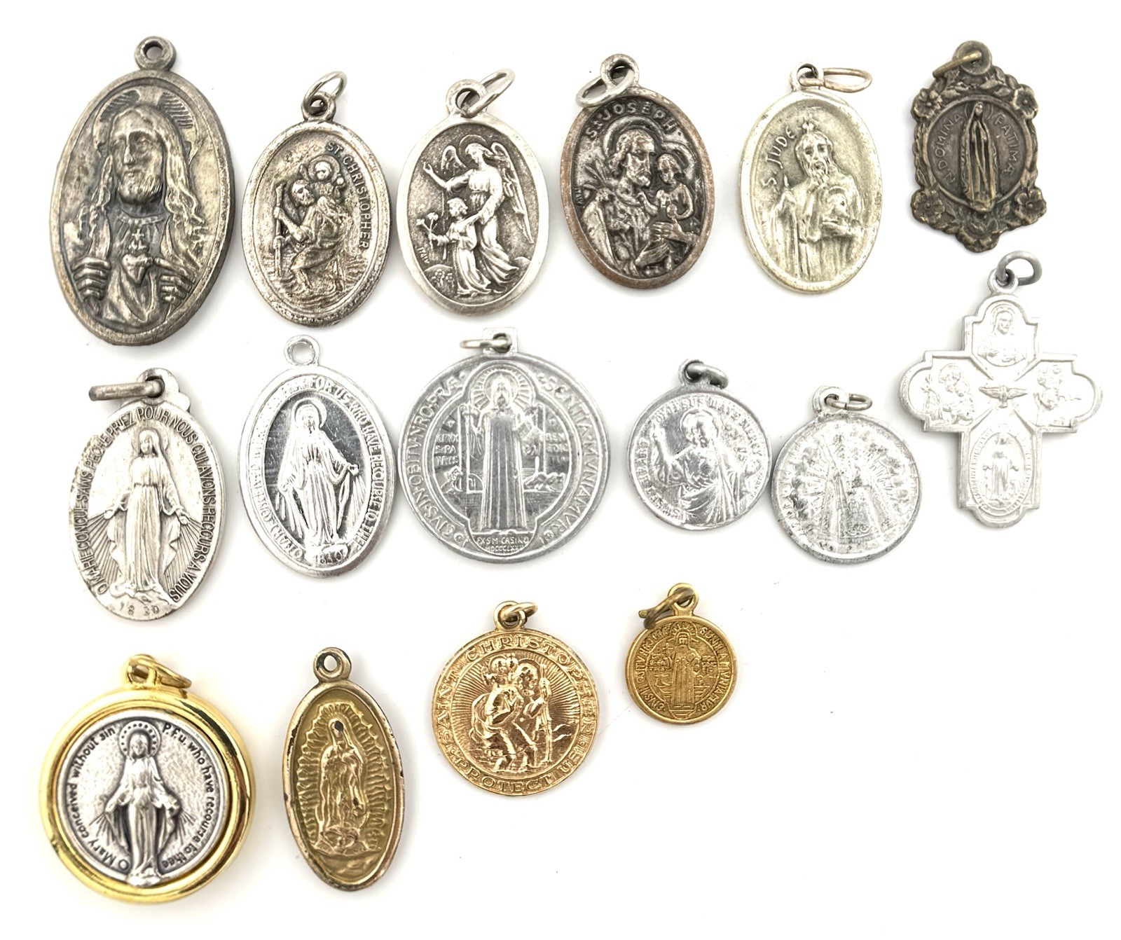 Lot of 16 Vintage Catholic Religious Medals St Benedict Mary Jesus Saints