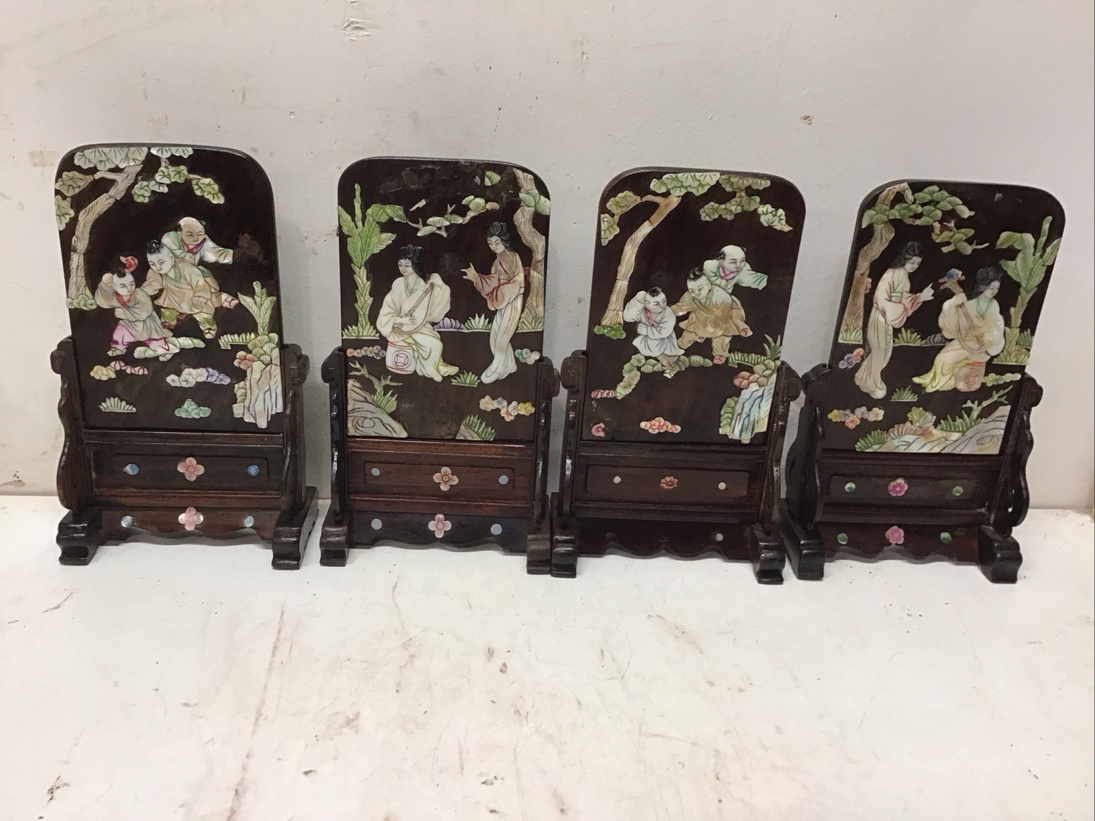 4 Antique Chinese Hardwood Table Screen MOP Depicting 4 Seasons Each 4.5”x 7.5”