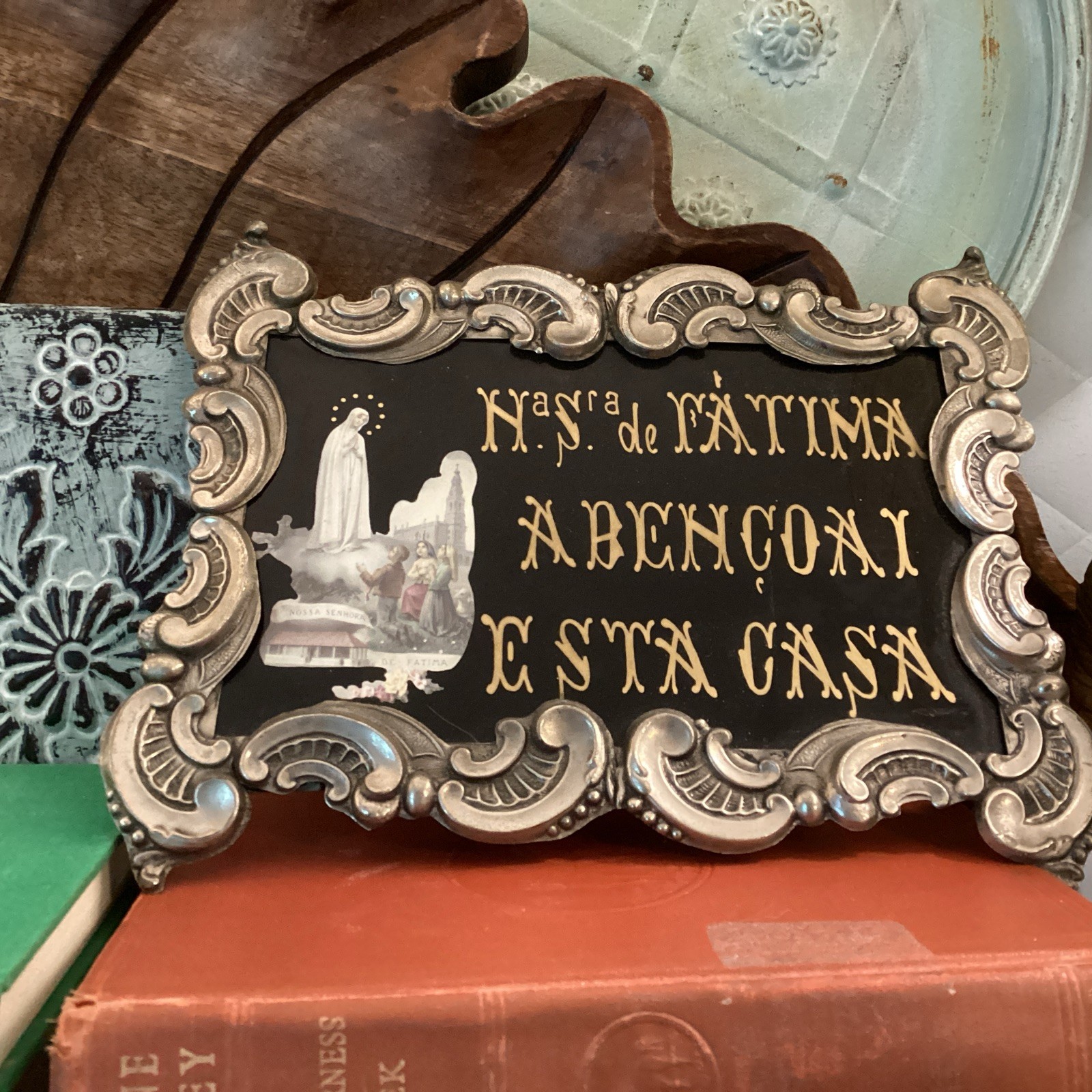 Vtg Our Lady of Fatima Wall Plaque Sign Portuguese Religious Blessing Portugal 