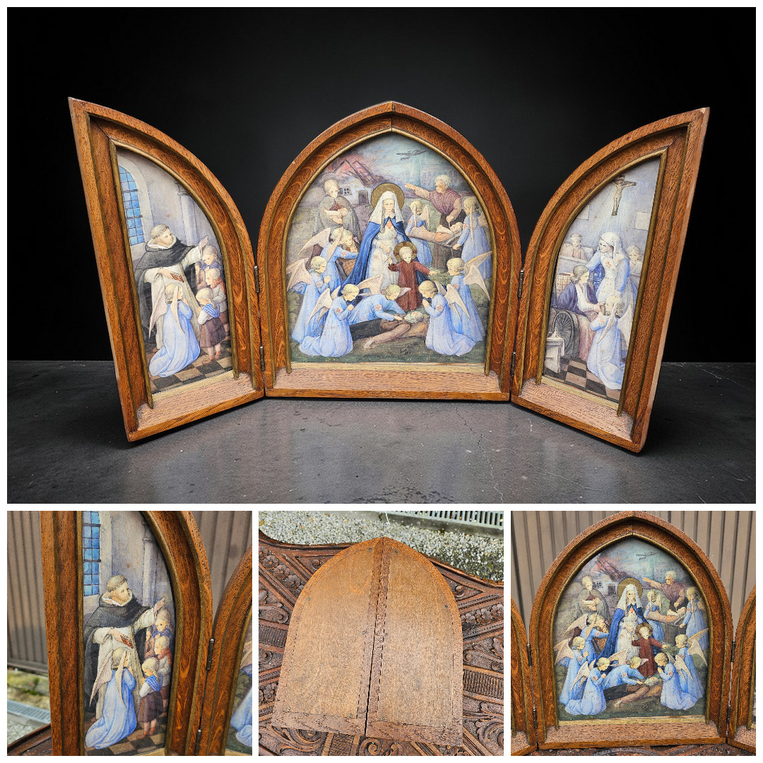 Antique  Triptych 1946 WW2 watercolour painting wounded soldiers mary angels