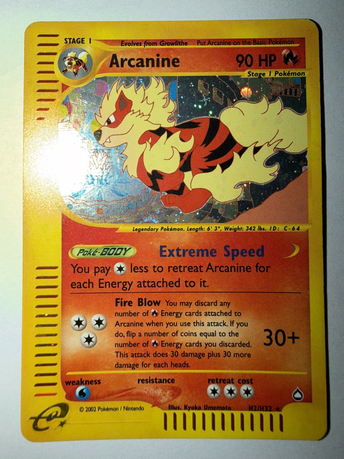 2003 RARE Pokemon Card Arcanine Aquapolis Swirl H2/H32 Reverse Holo NM
