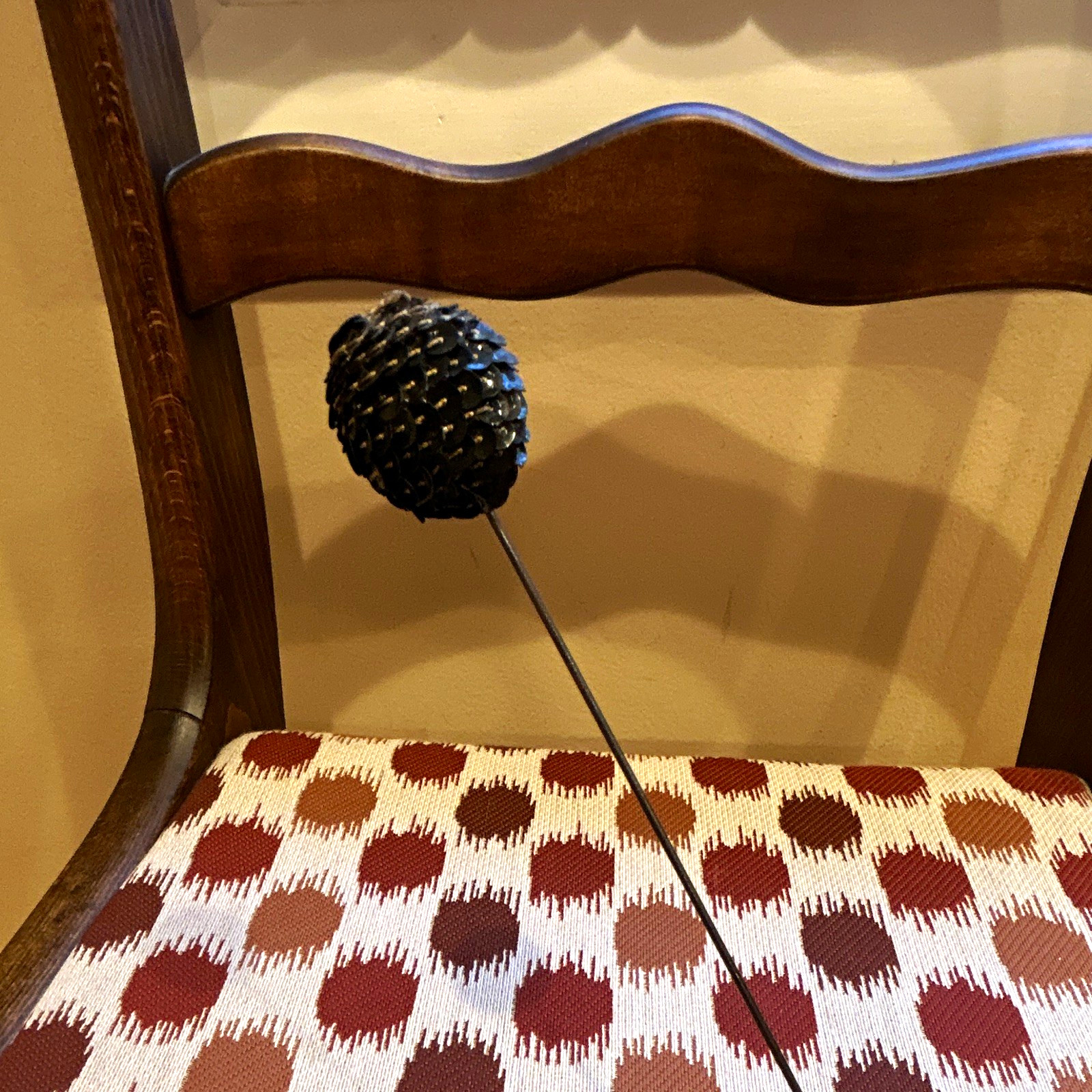 Vintage 1940’s Long Metal Stick Hatpin with Black Sequin Beaded Ball 9”