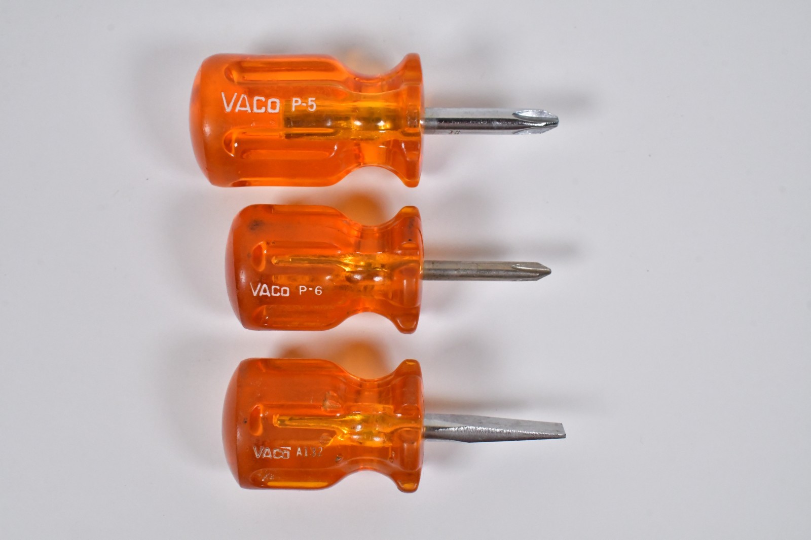 3x Vtg VACO Short Stubby Screwdrivers P-5 P-6 & A132 USA Phillips Slotted