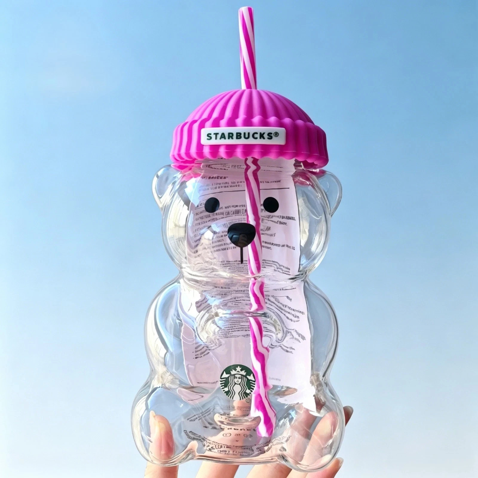 Starbucks Bearista Pink Bear Glass Tumbler Cold Cup with Straw 20oz 591ml
