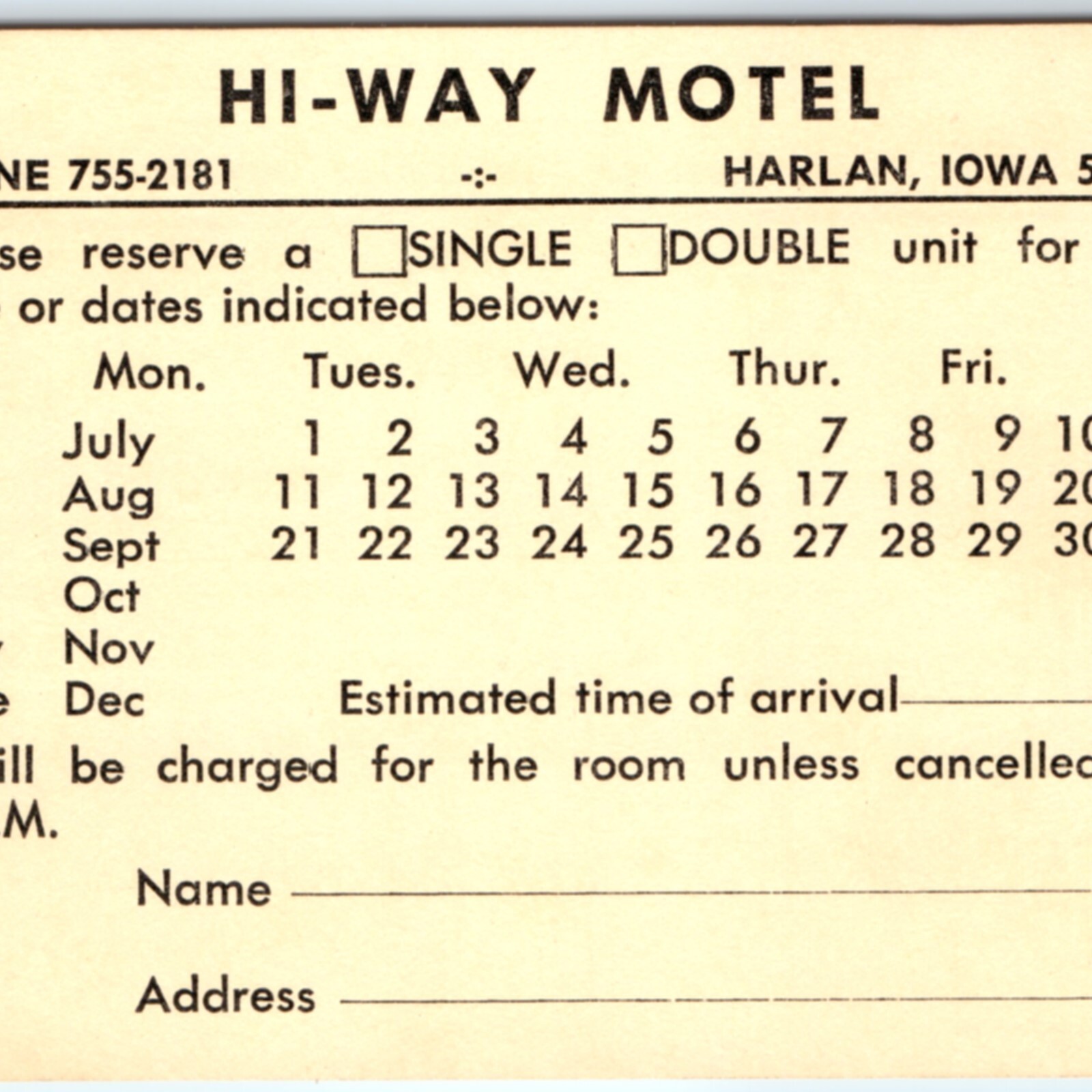 c1950s Harlan, IA Hi-Way Motel Postcard Business Reply Mail Reservation Card