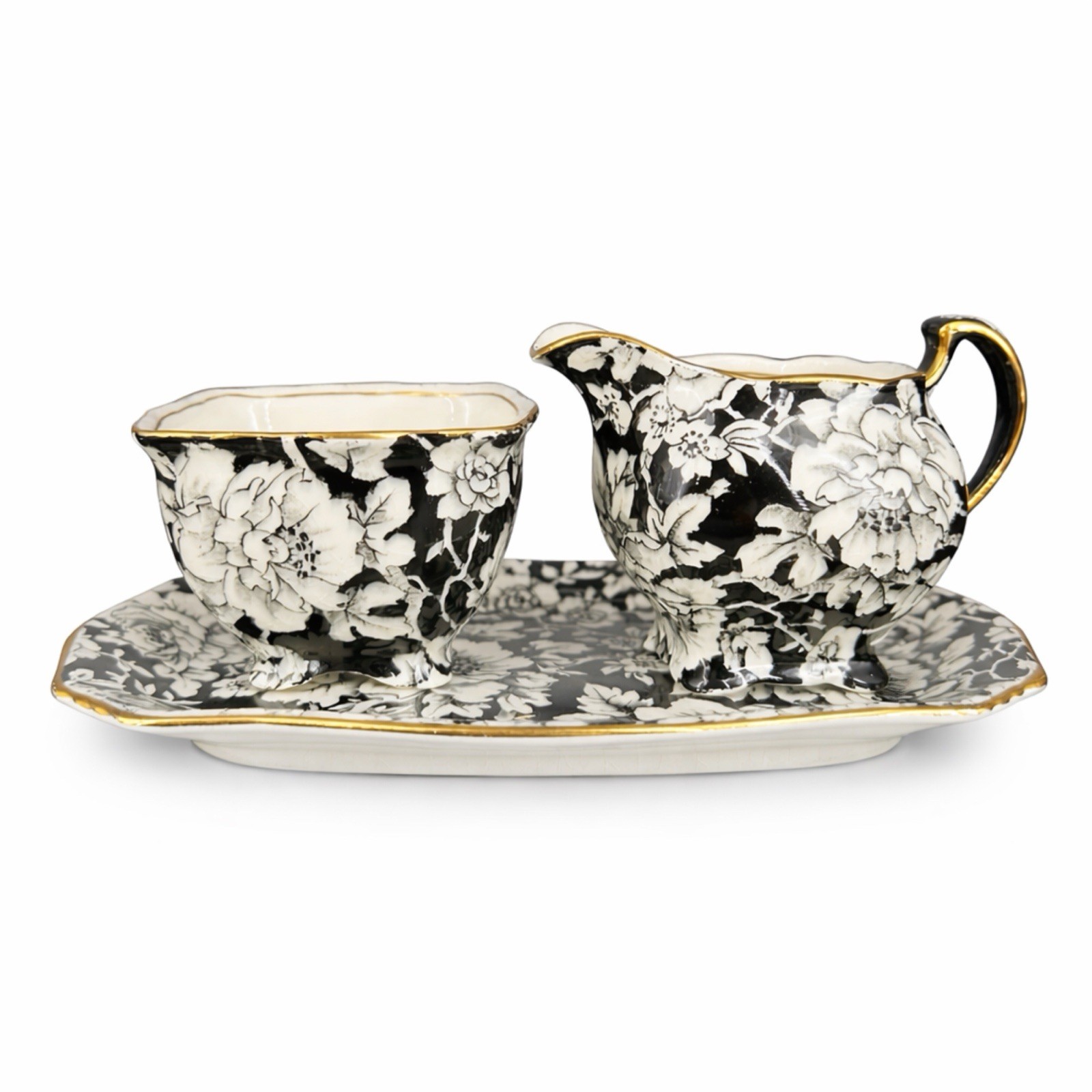 Royal Winton Grimwades Peony Black Chintz Creamer Open Sugar Tray Set Gold Gilt