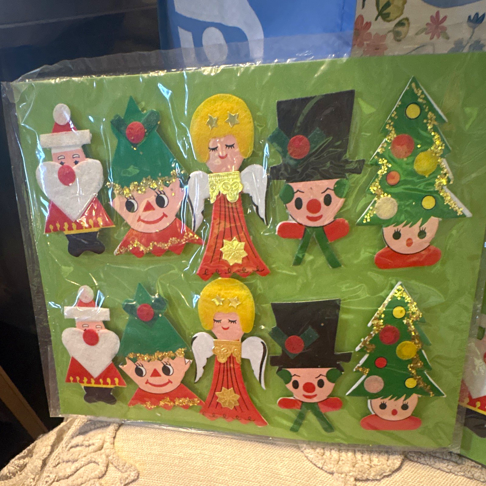 Vintage 1960s Paper Christmas Gift Tags Set Santa Elf Angel Snowman Tree Glitter