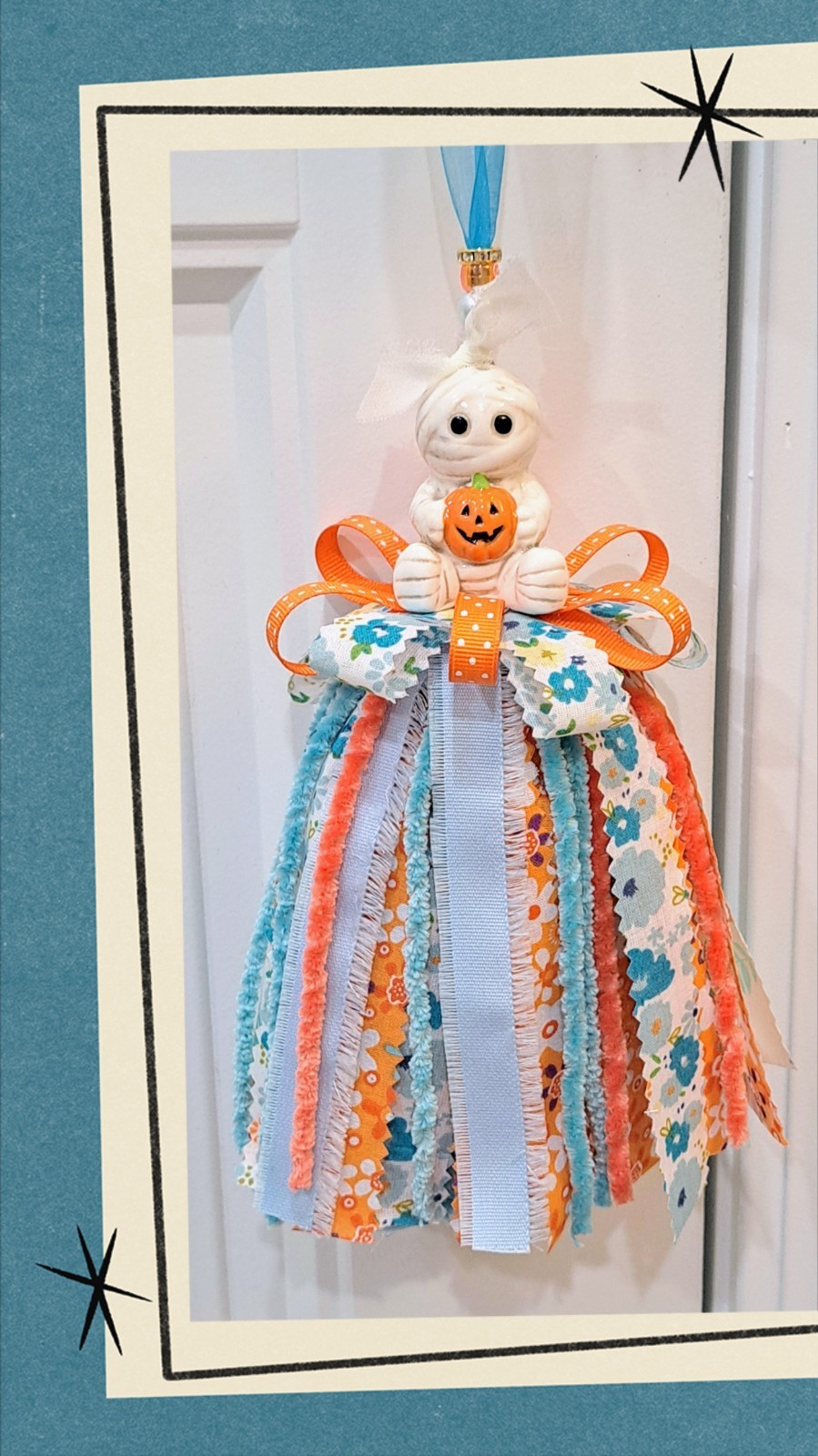 Handcrafted Halloween Not So Scary Mummy and Pumpkin Shaker Tassel/Ornament