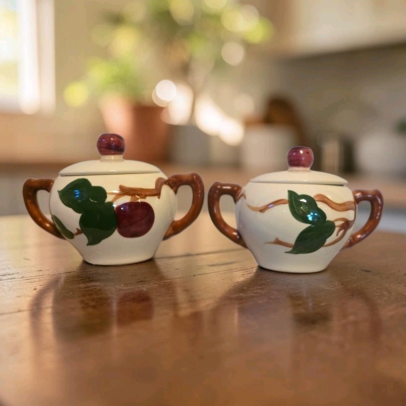 2 Vtg Franciscan Ware Hand Painted Apple Double Handled Covered Sugar Bowls USA