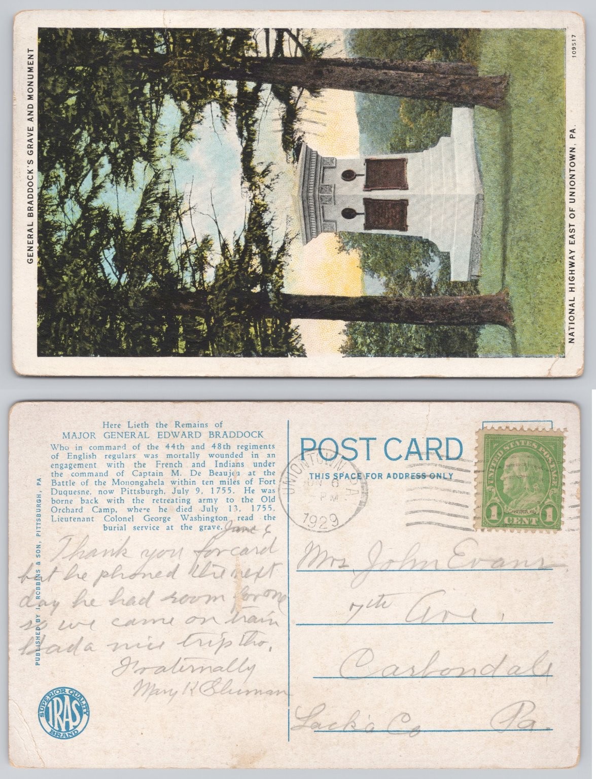 1929 Gen Braddock\'s Grave Monument Uniontown PA National Highway Postcard