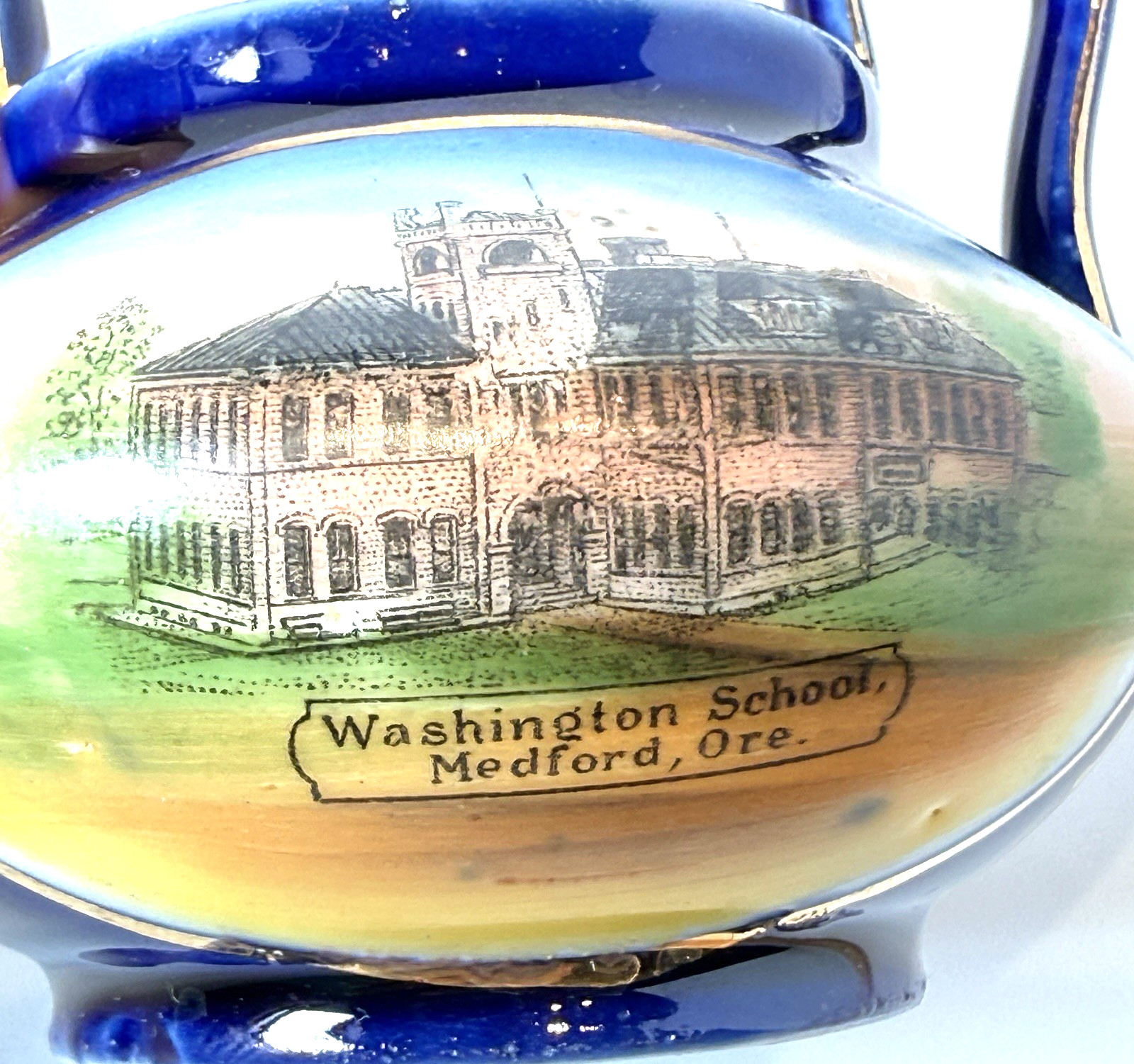 MEDFORD , OREGON  - WASHINGTON SCHOOL - Antique Souvenir China Painted Cobalt