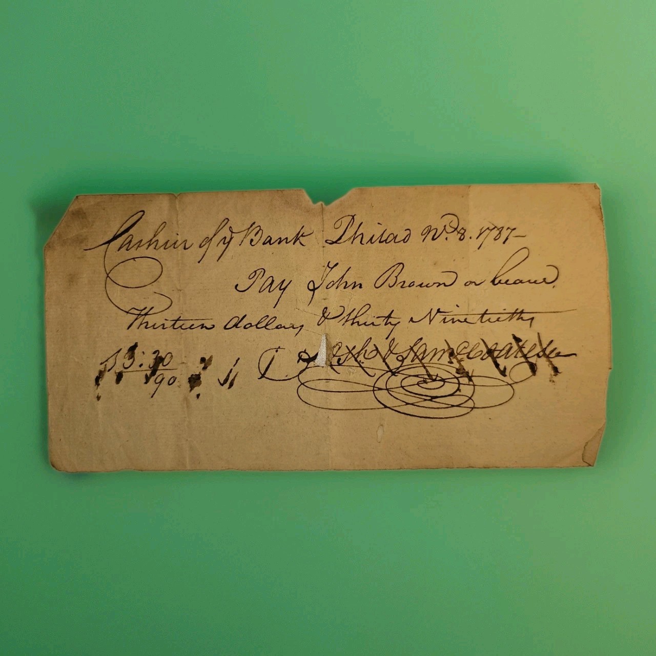 1787 Philadelphia Bank of North America Check Coates John Brown, Miller