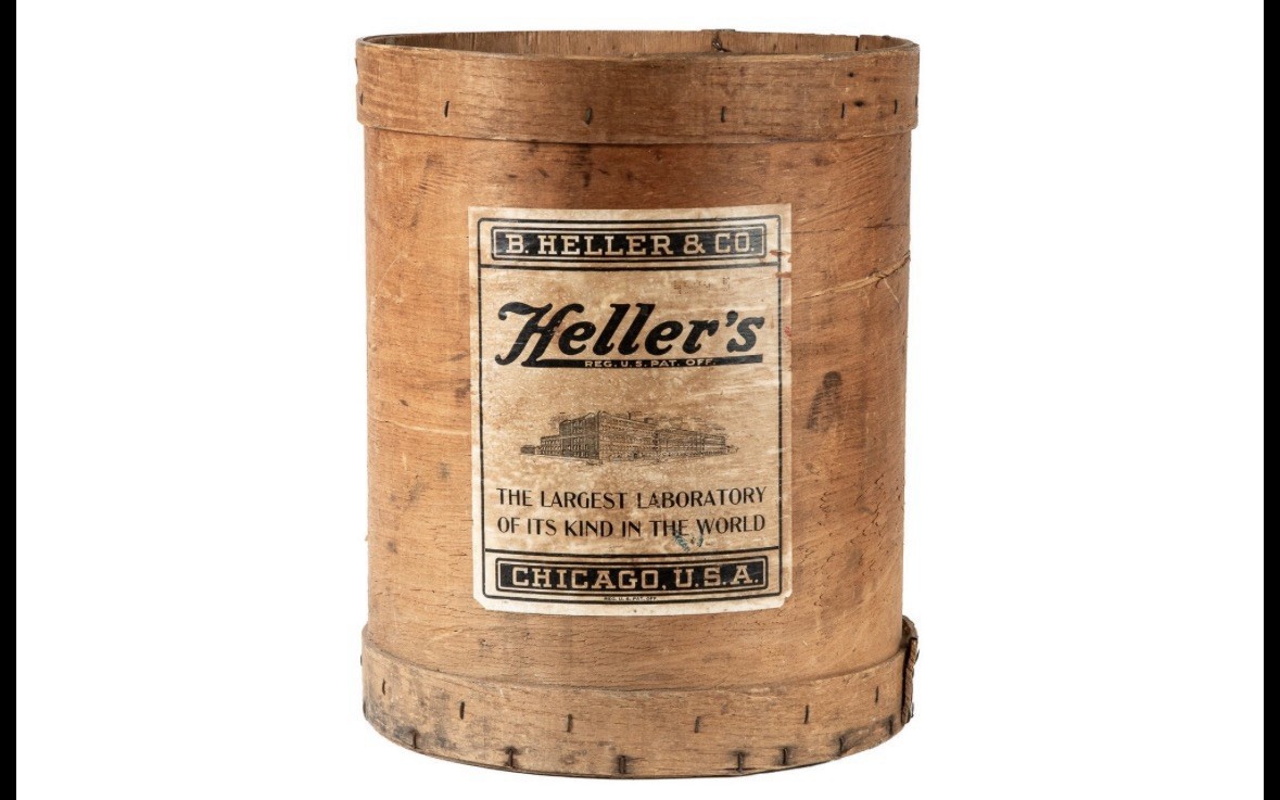 Antique B Heller & Co Zanzibar Brand Allspice Wooden Spice Bucket Tub Lid 25 lb