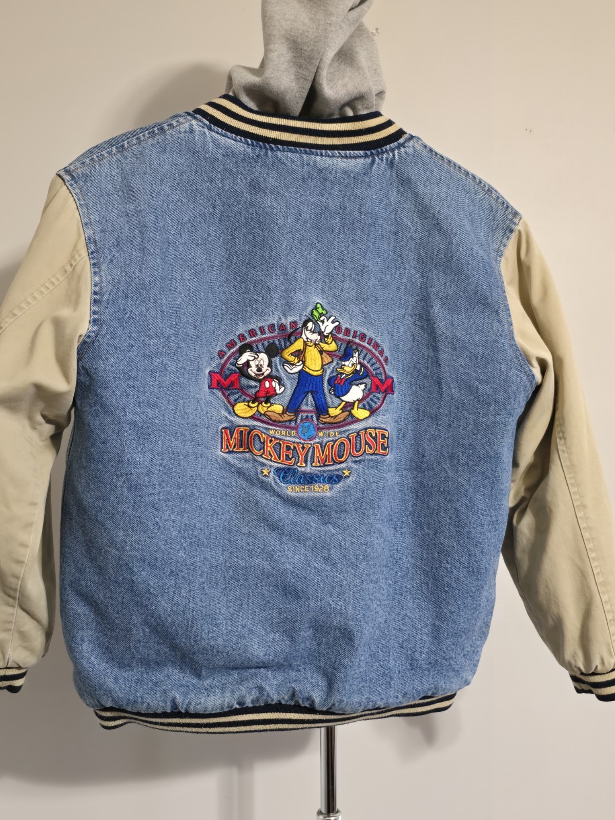 Vtg 90s Disney Store Mickey Mouse Denim Varsity Hooded Jacket Youth L 10/12