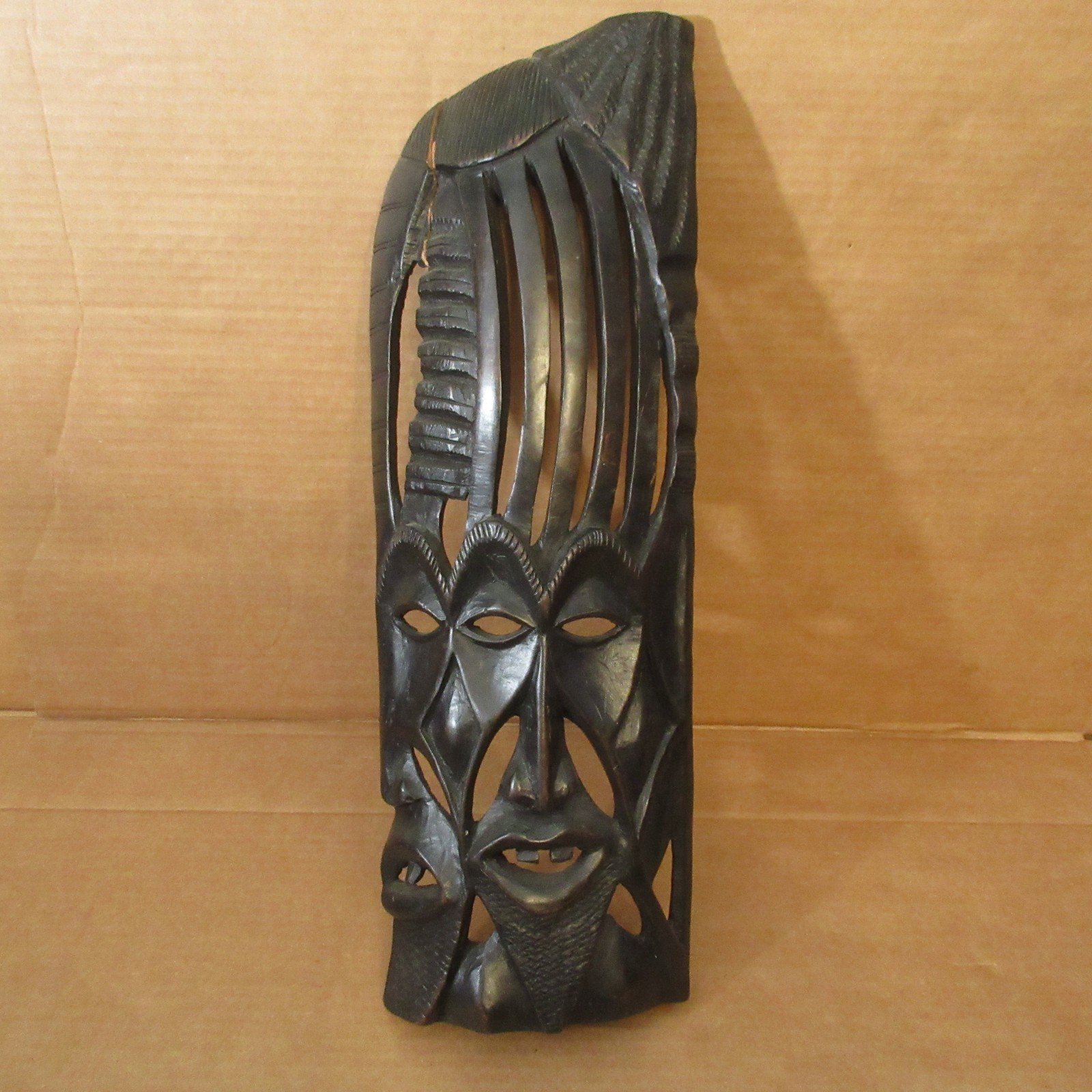 Vtg Lrg Hand Carved Dark Wood Tribal Mask Wall Art African Two Twin Face Pierced