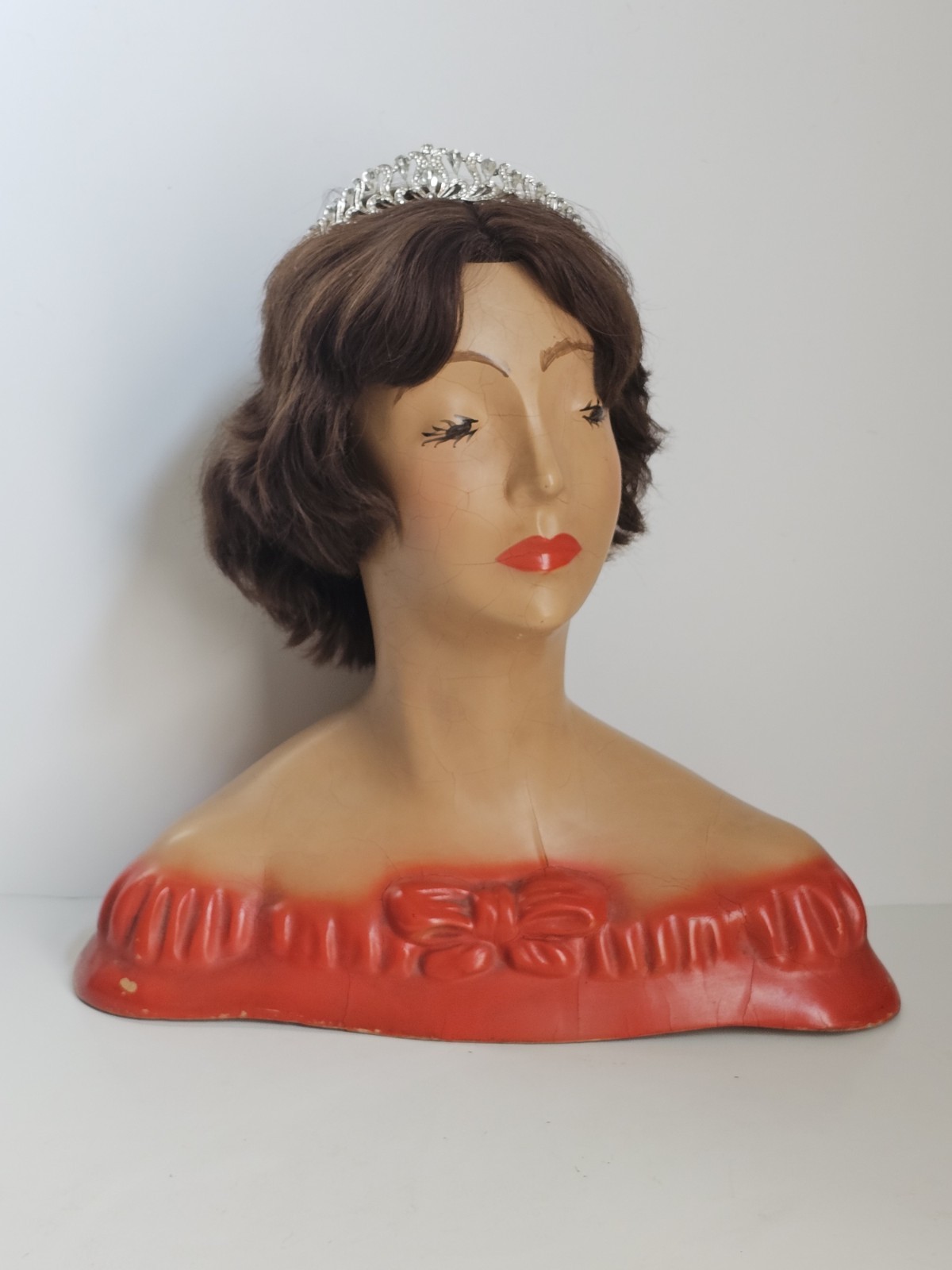 Vintage 1930s Lamoureux Mannequin Bust NYC Art Deco Plaster Display Human Hair 