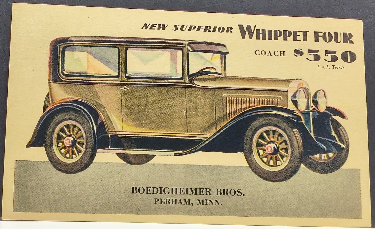 PC ~ New Superior Whippet 4 Coach $550 (f.o.b. Toledo) Perham, Minn. 1929 ad