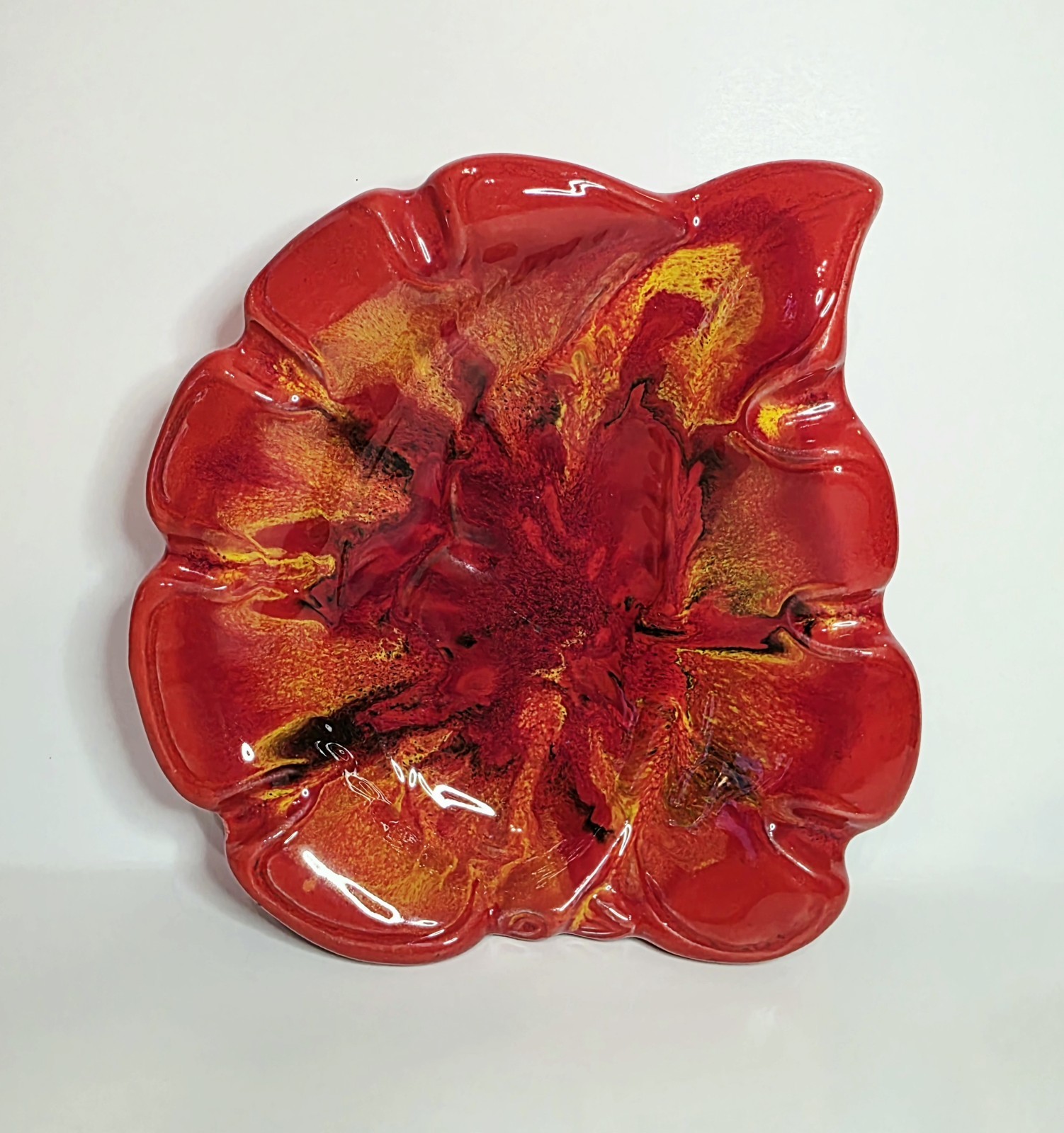 Vintage MCM California Drip Glaze Ashtray Ceramic Orange Flame Leaf Shape 7.75\