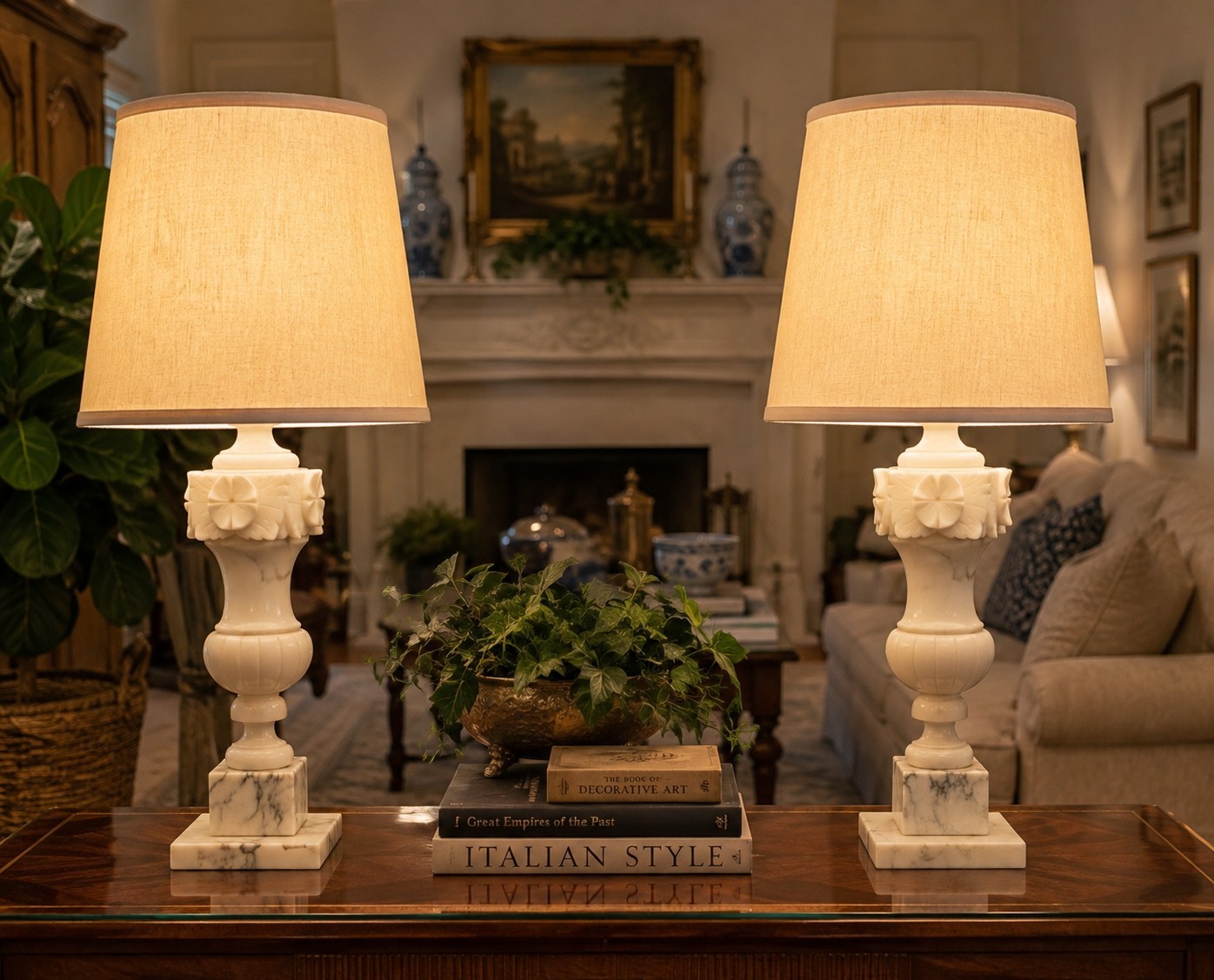 Circa 1940s Pair Of Italian Alabaster & Marble Neoclassical Urn Table Lamps 