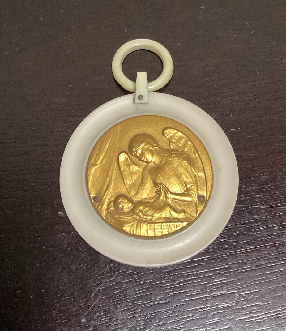 Antique Art Deco Cradle Medal 1920s-30s France Bakelite Guardian Angel Child
