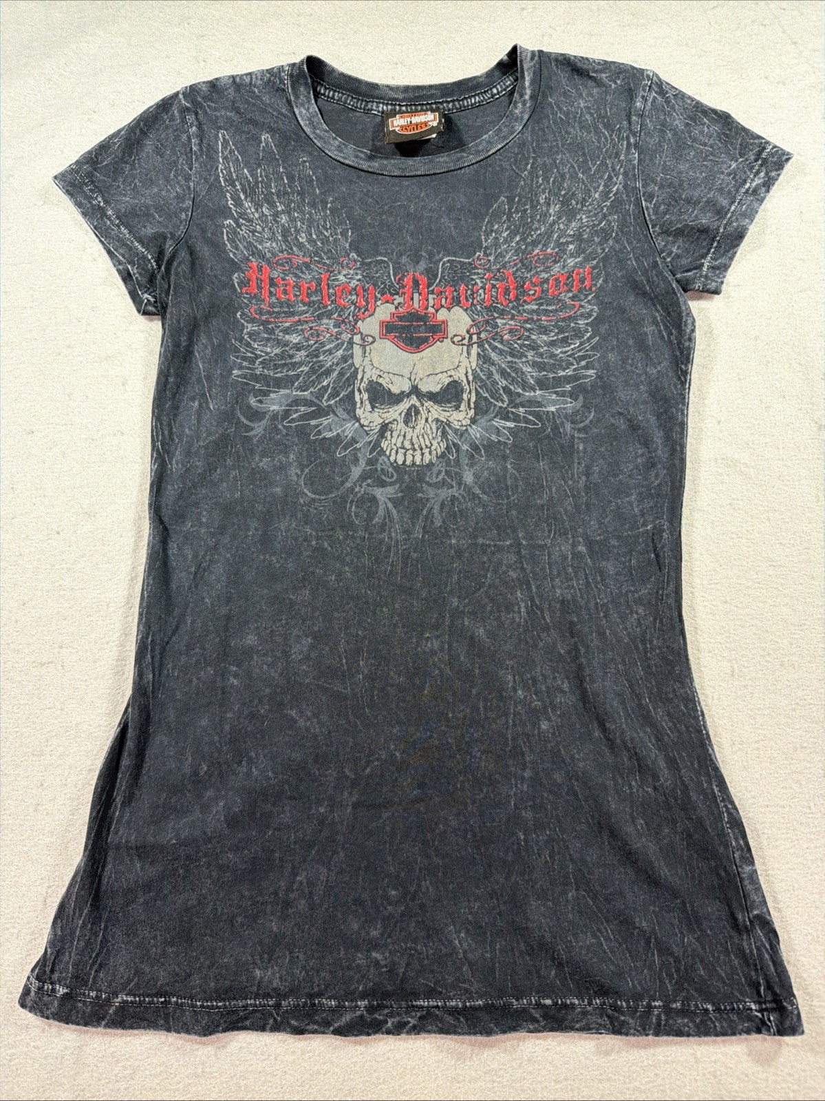 Vintage 2009 Harley Davidson Skull Wings Acid Wash Tee XS McAllen TX 0228