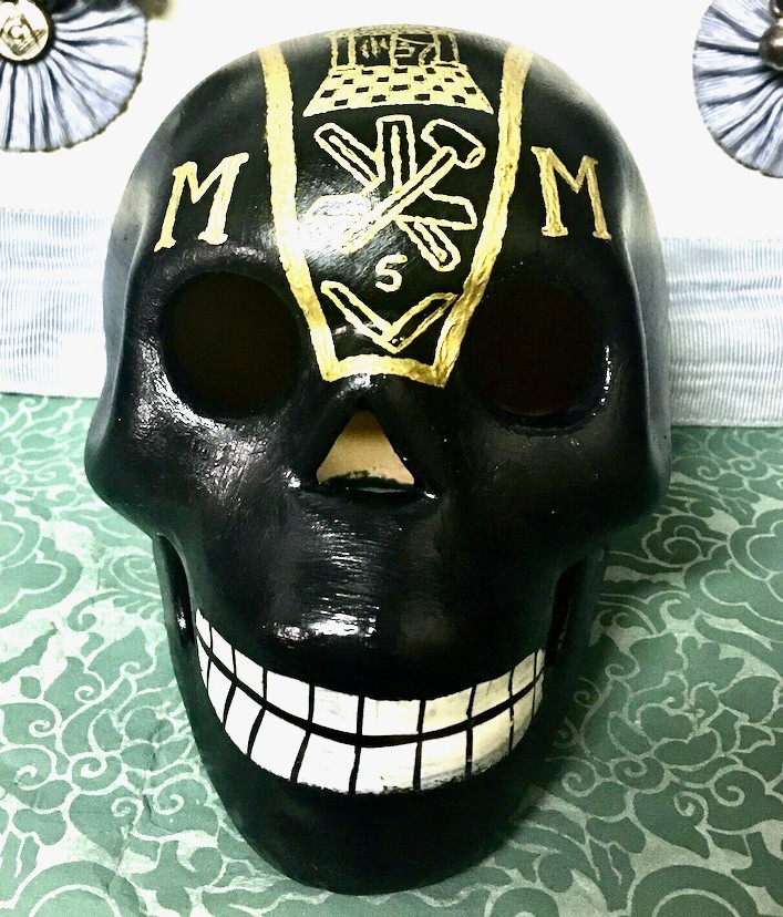 UNIQUE HAND-MADE HAND-PAINTED MASTER MASON'S MASONIC CLAY SKULL * FREEMASONRY