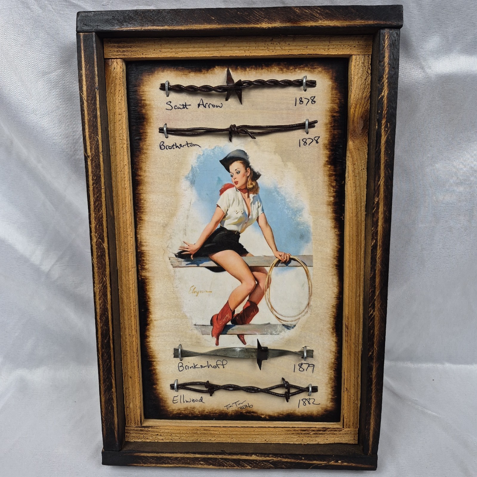 Antique Barbed Wire Display Cowgirl Pinup Old West Western Rustic Wall Art