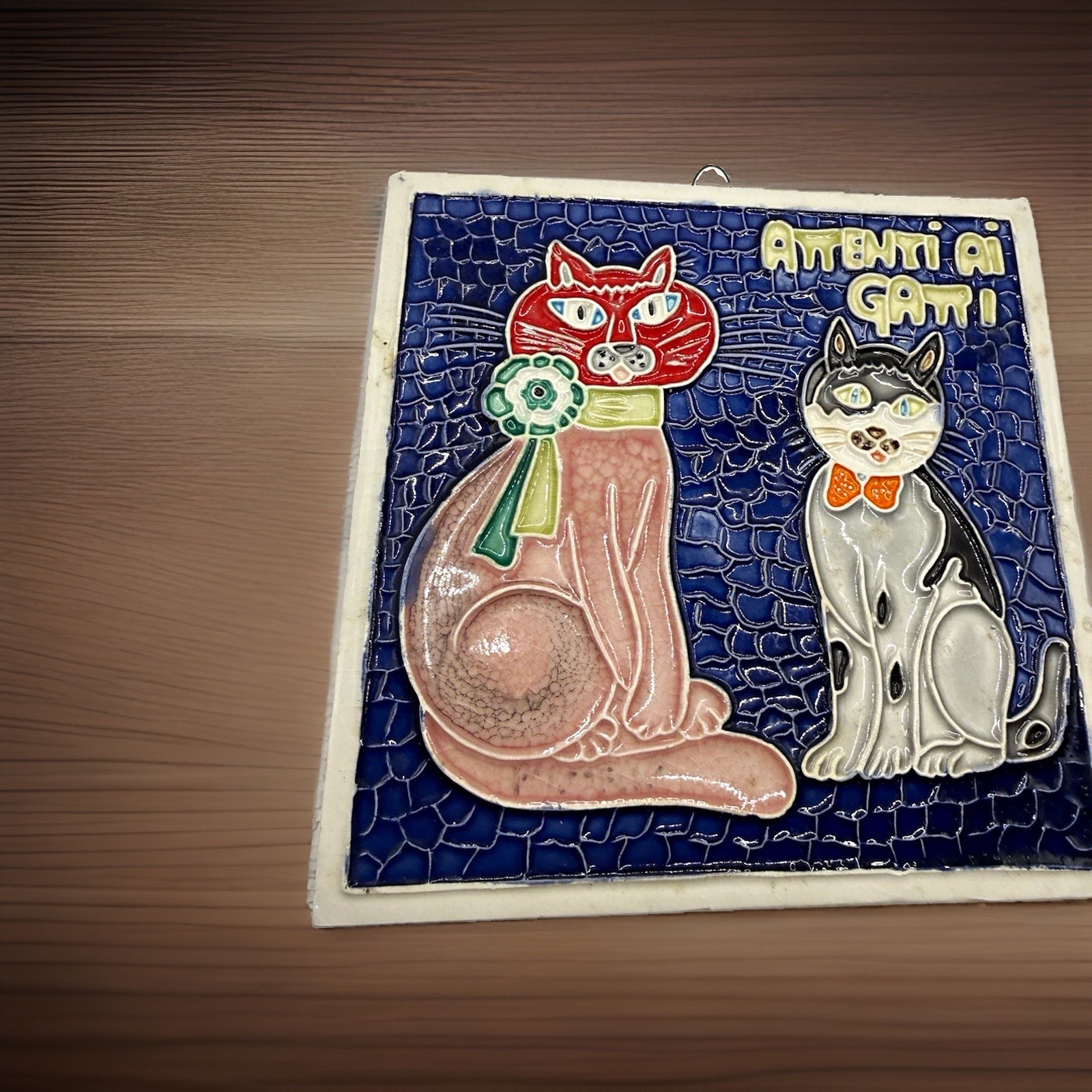 Vintage Creazioni Luciano Italy Ceramic Tile Attenti Ai Gatti Beware Of Cats MCM